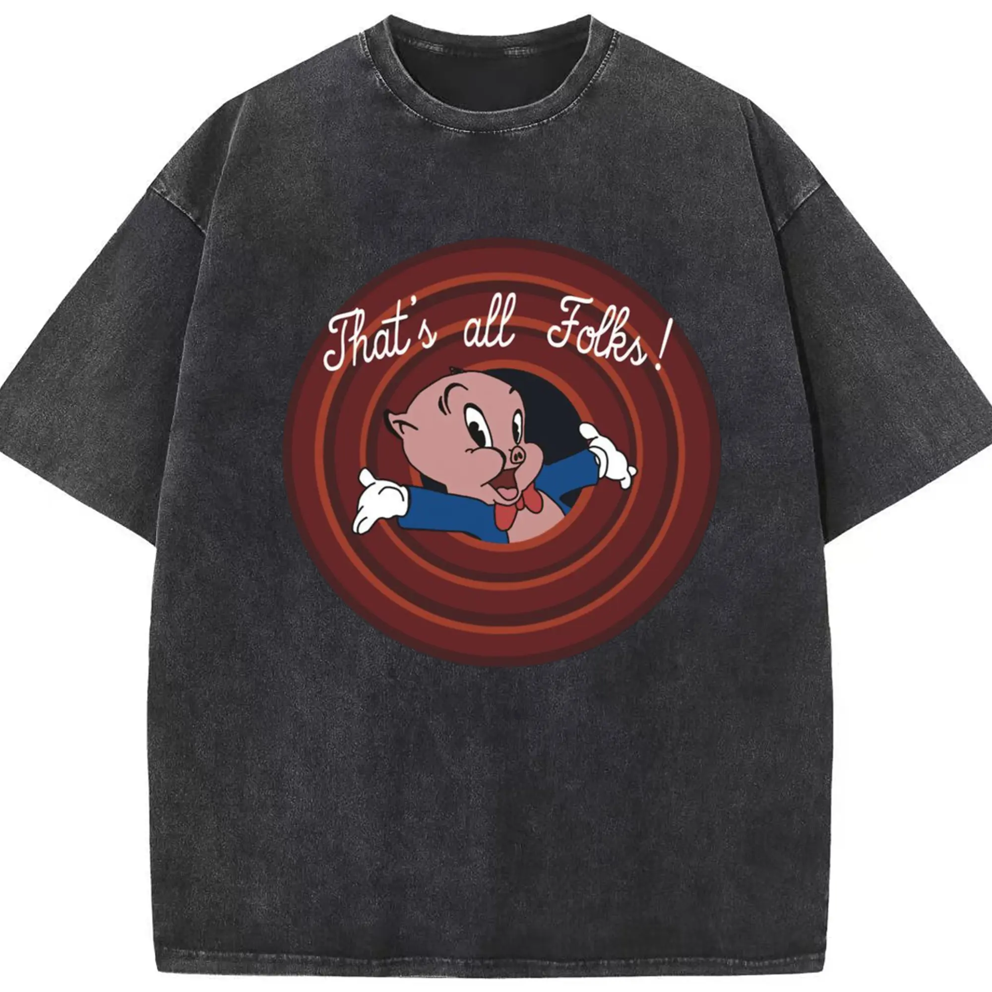 Porky Pig face tee - Washed Vintage Look 230g Cotton Oversized T-Shirt With Front Heat Transfer Print – Soft, Lightweight, Stylish Fit – Comfortable Casual Wear For Sports & Everyday Use