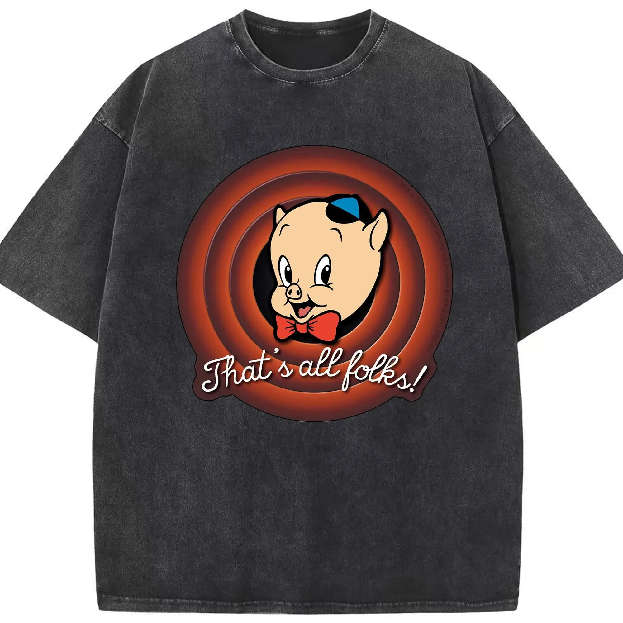 Porky Pig face t-shirt - Washed Vintage Look 230g Cotton Oversized T-Shirt With Front Heat Transfer Print – Soft, Lightweight, Stylish Fit – Comfortable Casual Wear For Sports & Everyday Use
