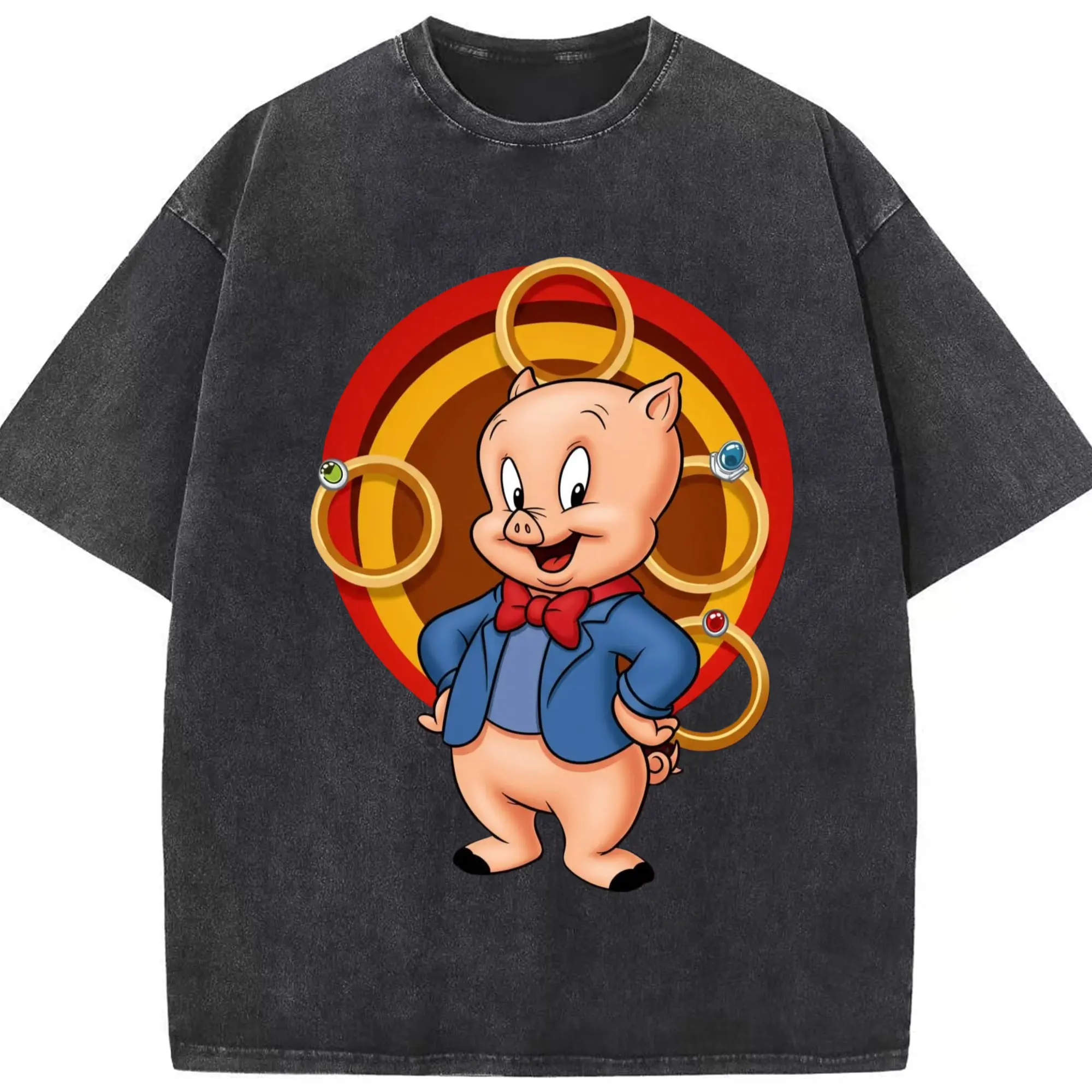 Porky Pig graphic shirt - Washed Vintage Look 230g Cotton Oversized T-Shirt With Front Heat Transfer Print – Soft, Lightweight, Stylish Fit – Comfortable Casual Wear For Sports & Everyday Use