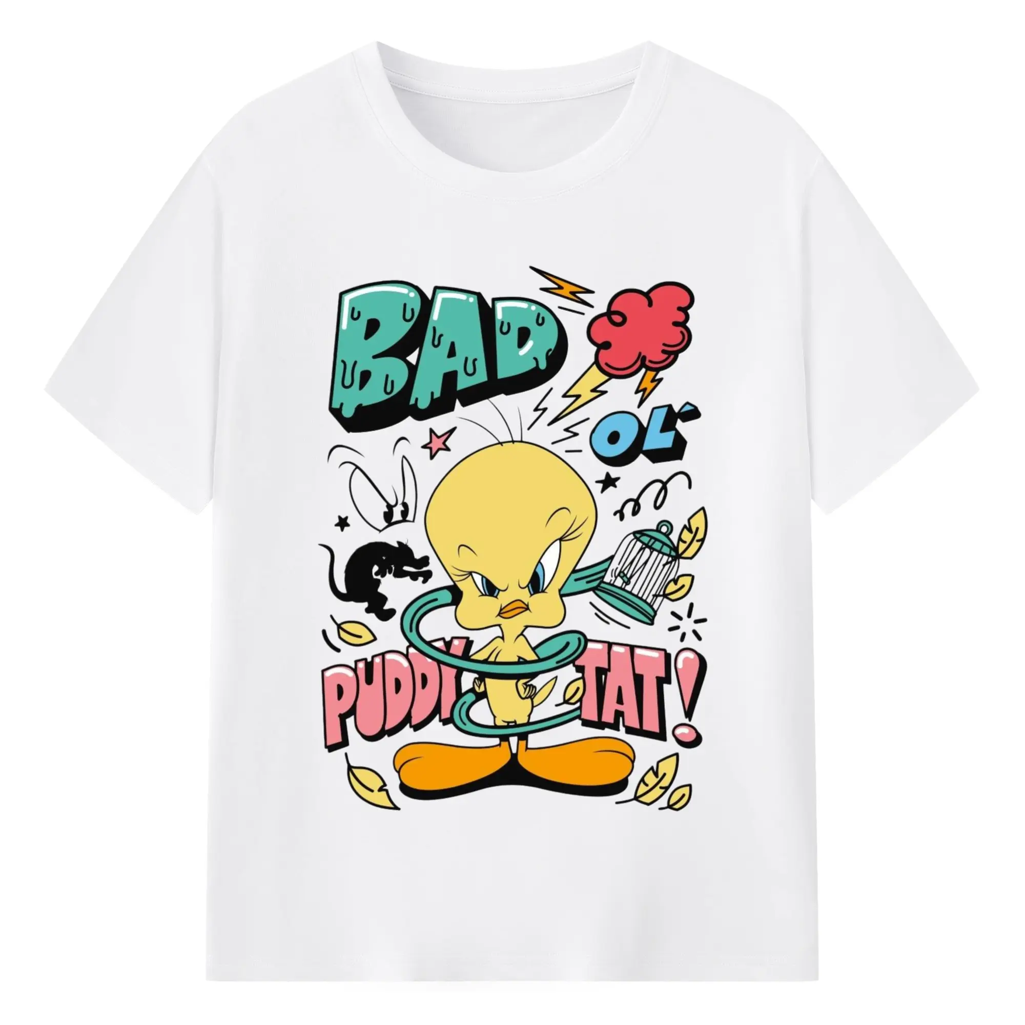 Tweety Bird cartoon graphic t-shirt - 180g Cotton T-Shirt With Front Heat Transfer Print – Soft, Lightweight, Fitted Design – Comfortable Casual Wear For Sports & Everyday Use