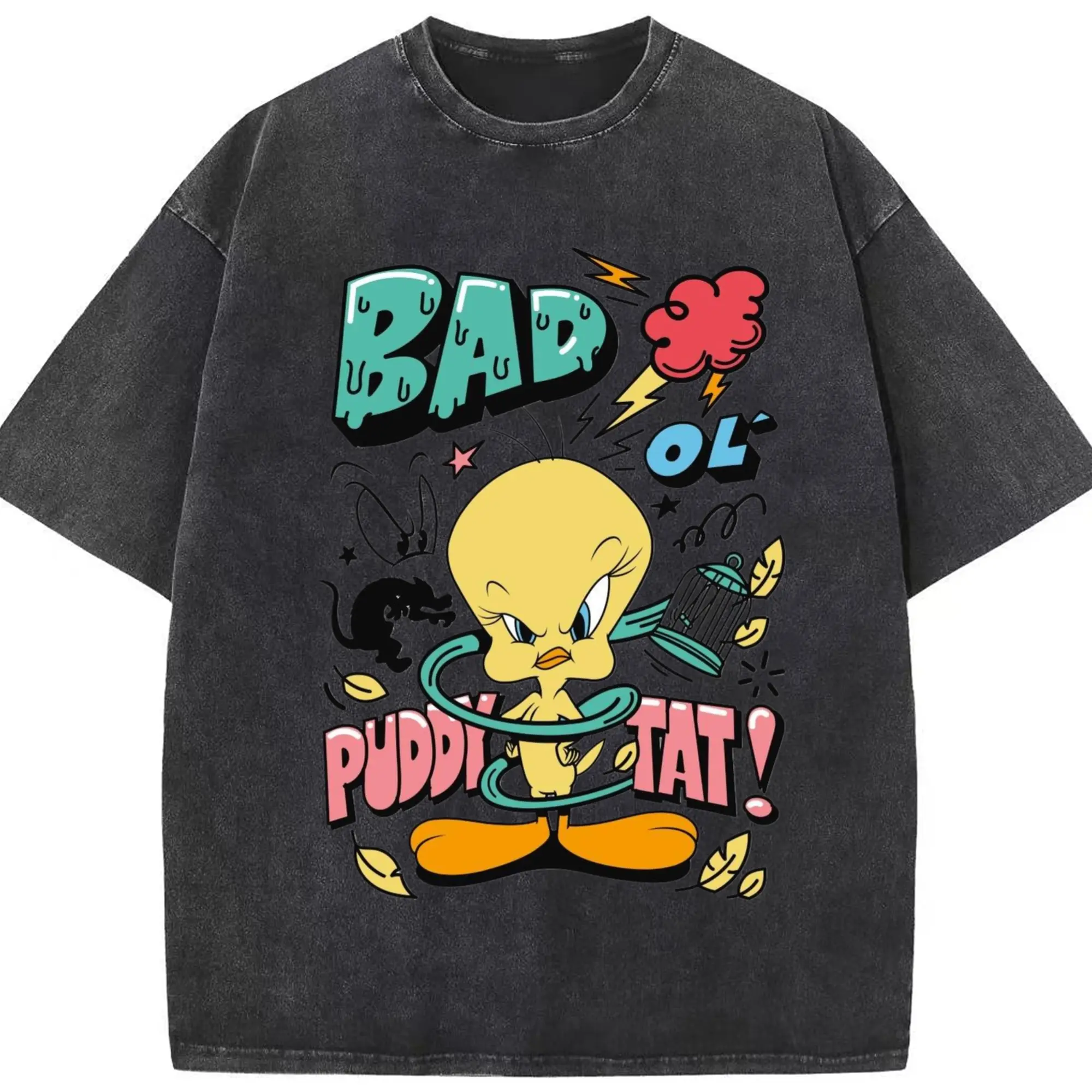 Tweety Bird cartoon graphic t-shirt - Washed Vintage Look 230g Cotton Oversized T-Shirt With Front Heat Transfer Print – Soft, Lightweight, Stylish Fit – Comfortable Casual Wear For Sports & Everyday Use