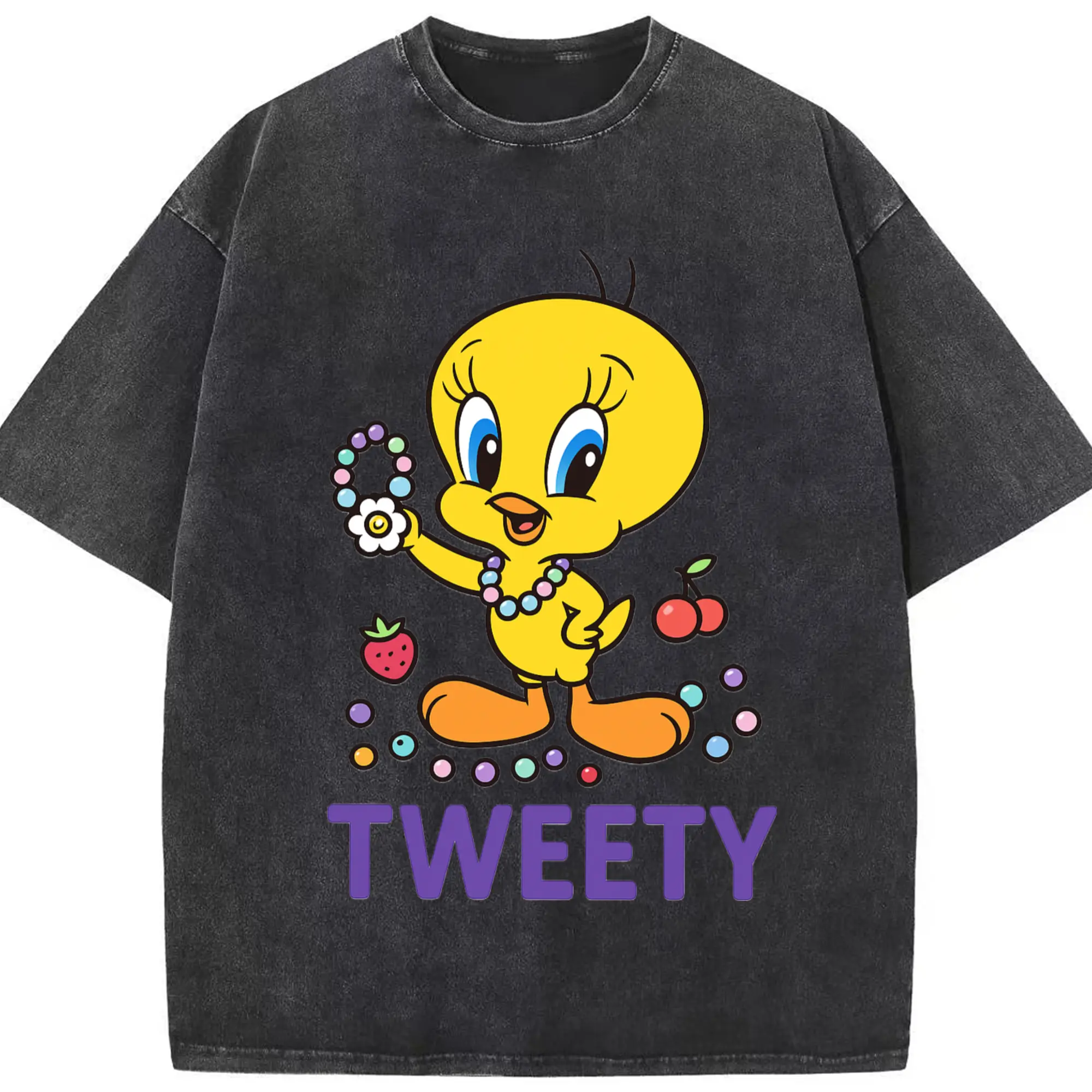 Tweety bird cute shirt - Washed Vintage Look 230g Cotton Oversized T-Shirt With Front Heat Transfer Print – Soft, Lightweight, Stylish Fit – Comfortable Casual Wear For Sports & Everyday Use