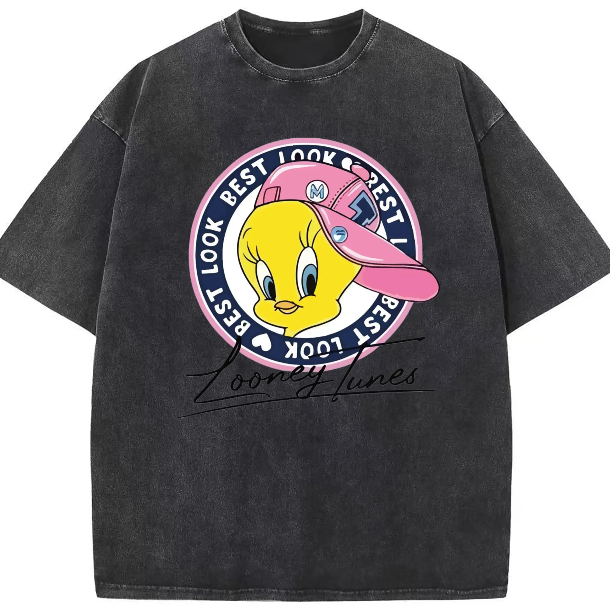 Tweety bird face t-shirts - Washed Vintage Look 230g Cotton Oversized T-Shirt With Front Heat Transfer Print – Soft, Lightweight, Stylish Fit – Comfortable Casual Wear For Sports & Everyday Use