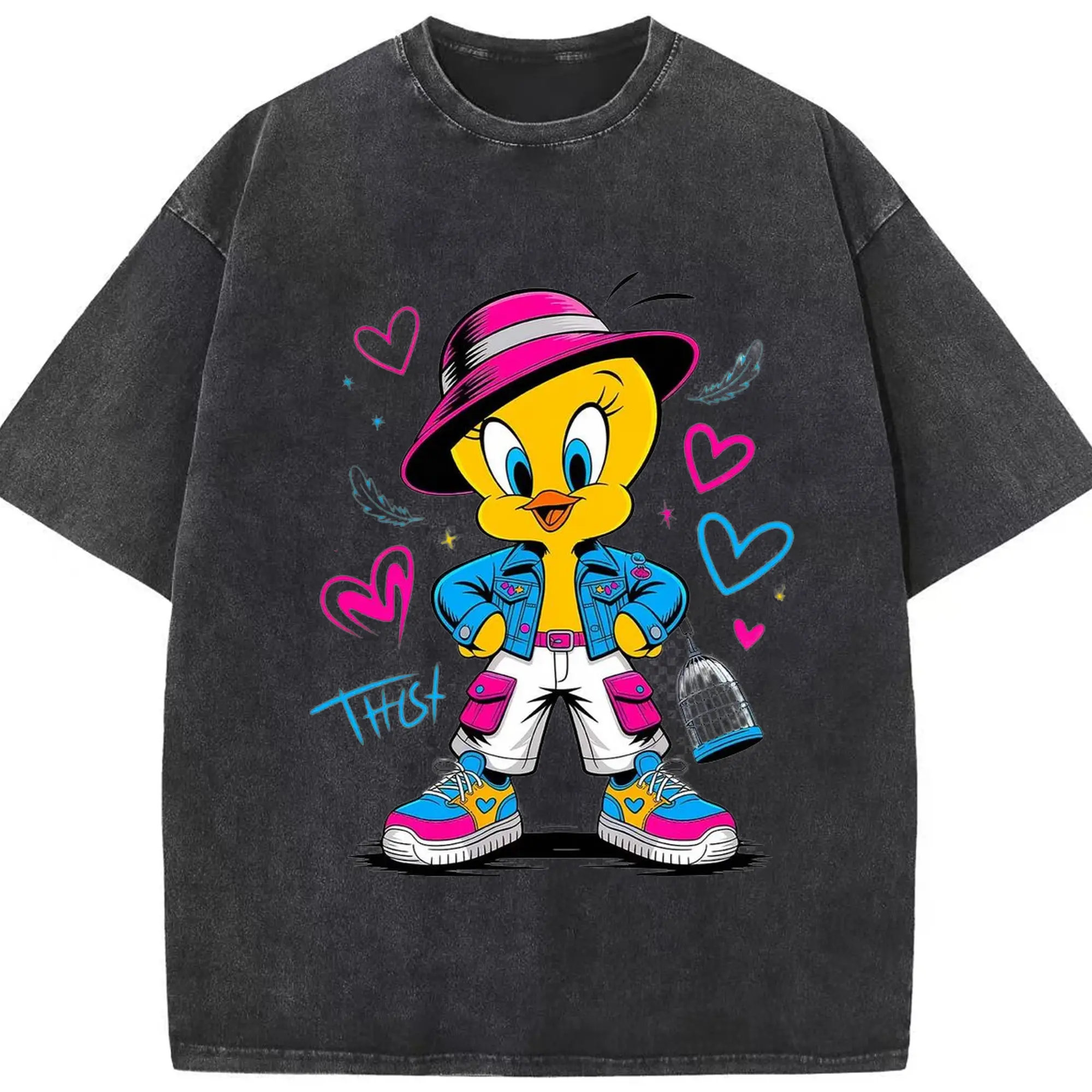 Tweety Bird graphic t-shirt - Washed Vintage Look 230g Cotton Oversized T-Shirt With Front Heat Transfer Print – Soft, Lightweight, Stylish Fit – Comfortable Casual Wear For Sports & Everyday Use