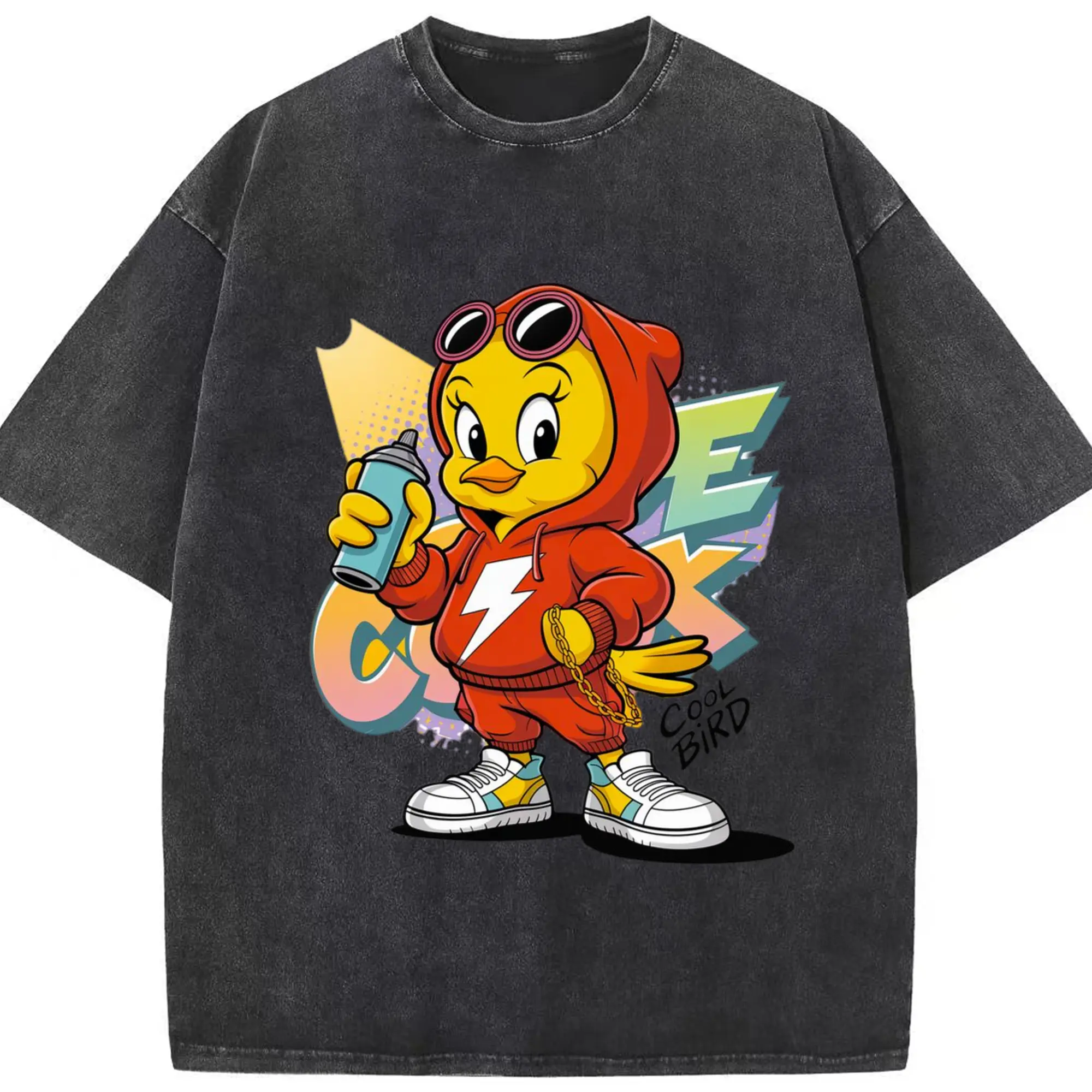 Tweety Bird sport graphic t-shirt - Washed Vintage Look 230g Cotton Oversized T-Shirt With Front Heat Transfer Print – Soft, Lightweight, Stylish Fit – Comfortable Casual Wear For Sports & Everyday Use