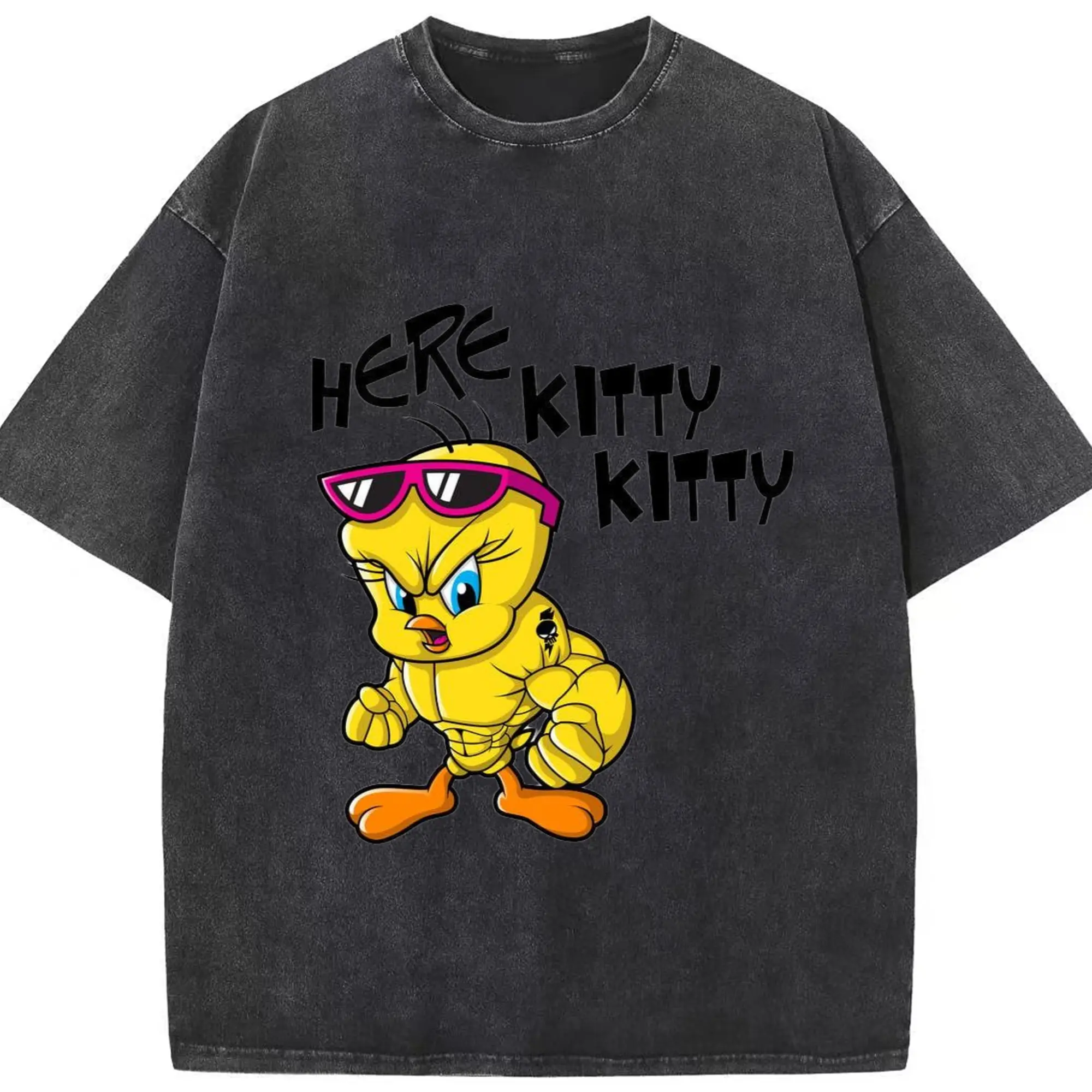 Tweety bird tee shirts - Washed Vintage Look 230g Cotton Oversized T-Shirt With Front Heat Transfer Print – Soft, Lightweight, Stylish Fit – Comfortable Casual Wear For Sports & Everyday Use