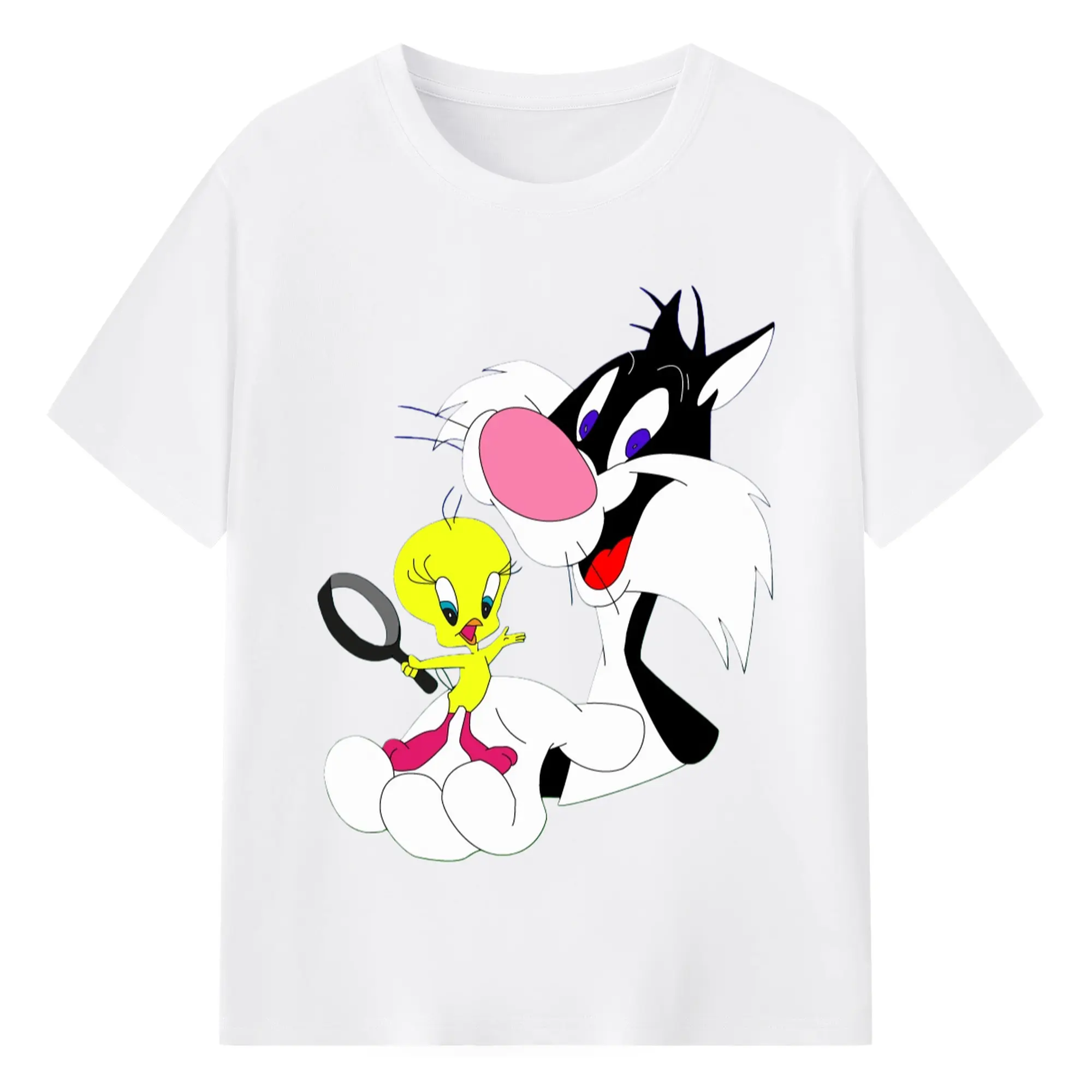 Sylvester and tweety t shirt​ - 180g Cotton T-Shirt With Front Heat Transfer Print – Soft, Lightweight, Fitted Design – Comfortable Casual Wear For Sports & Everyday Use