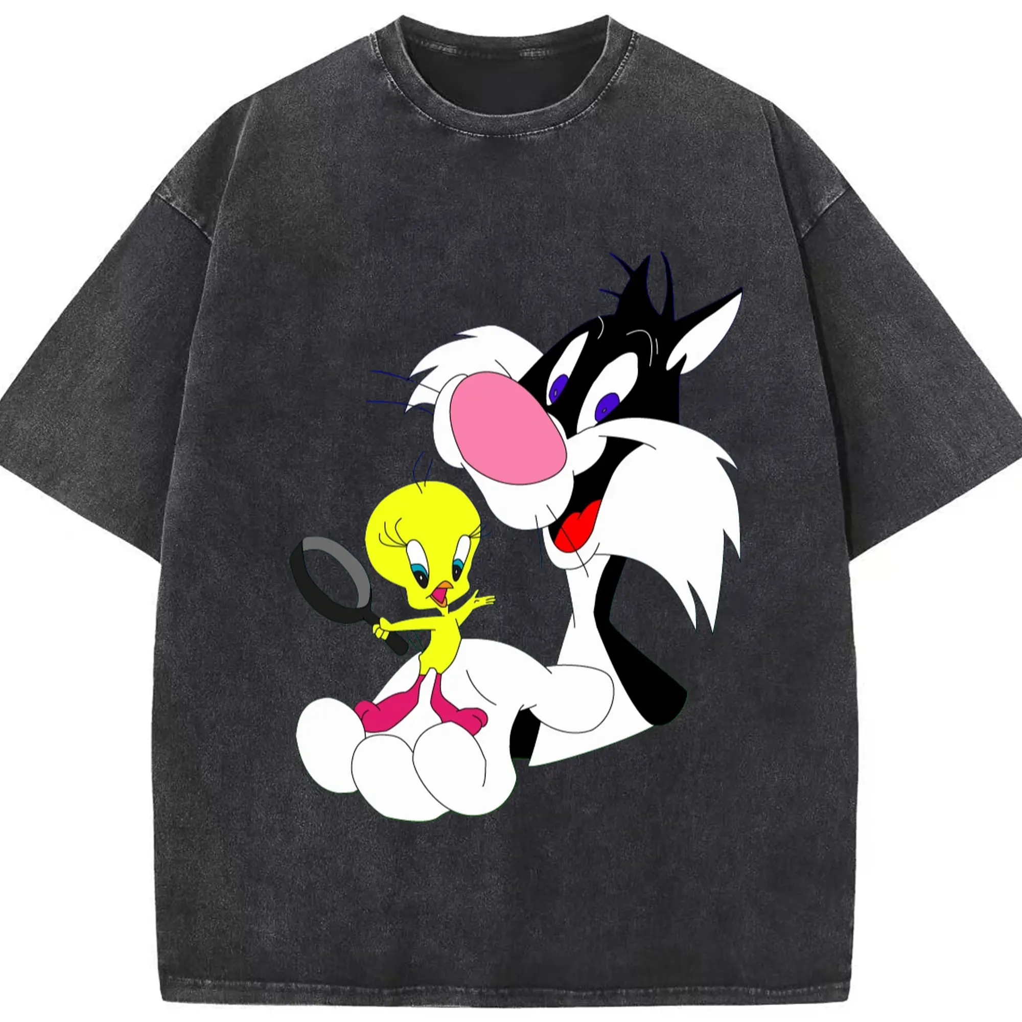 Sylvester and tweety t shirt​ - Washed Vintage Look 230g Cotton Oversized T-Shirt With Front Heat Transfer Print – Soft, Lightweight, Stylish Fit – Comfortable Casual Wear For Sports & Everyday Use