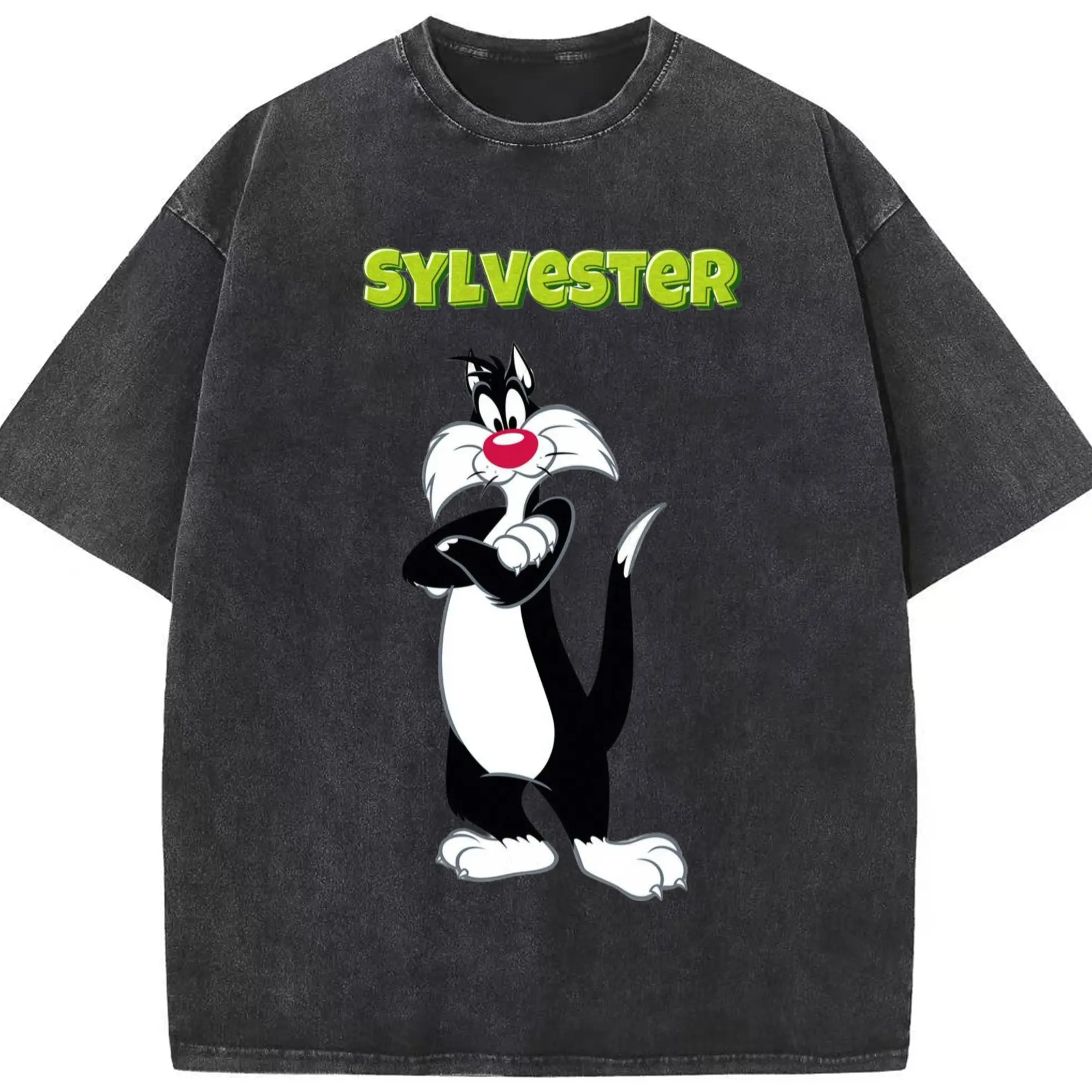 Sylvester The Cat T Shirt - Washed Vintage Look 230g Cotton Oversized T-Shirt With Front Heat Transfer Print – Soft, Lightweight, Stylish Fit – Comfortable Casual Wear For Sports & Everyday Use
