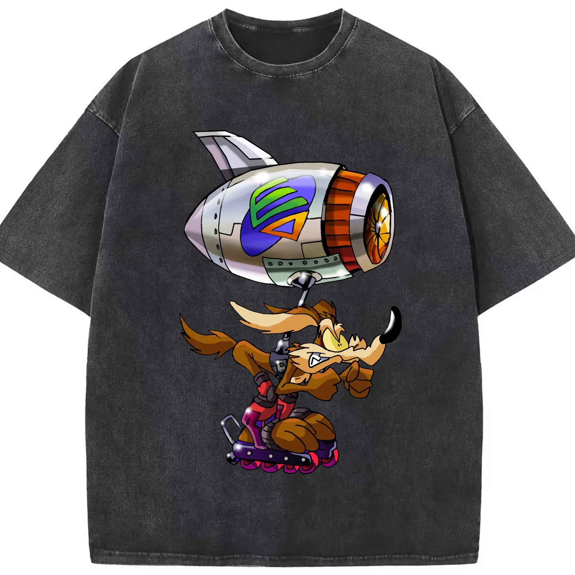 Wile e coyote funny t shirts​ - Washed Vintage Look 230g Cotton Oversized T-Shirt With Front Heat Transfer Print – Soft, Lightweight, Stylish Fit – Comfortable Casual Wear For Sports & Everyday Use