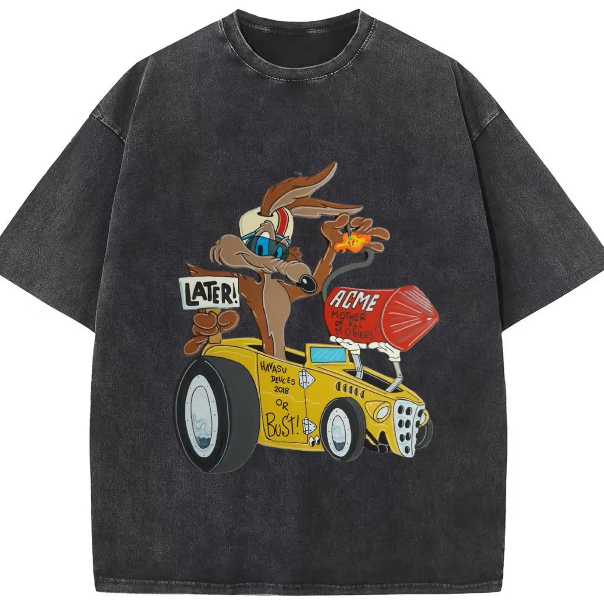 Wile E Coyote graphic t-shirt - Washed Vintage Look 230g Cotton Oversized T-Shirt With Front Heat Transfer Print – Soft, Lightweight, Stylish Fit – Comfortable Casual Wear For Sports & Everyday Use