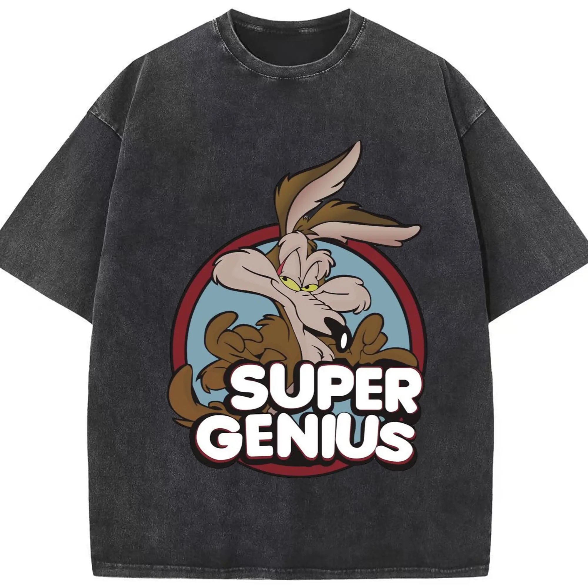 Wile e coyote super genius t shirt - Washed Vintage Look 230g Cotton Oversized T-Shirt With Front Heat Transfer Print – Soft, Lightweight, Stylish Fit – Comfortable Casual Wear For Sports & Everyday Use
