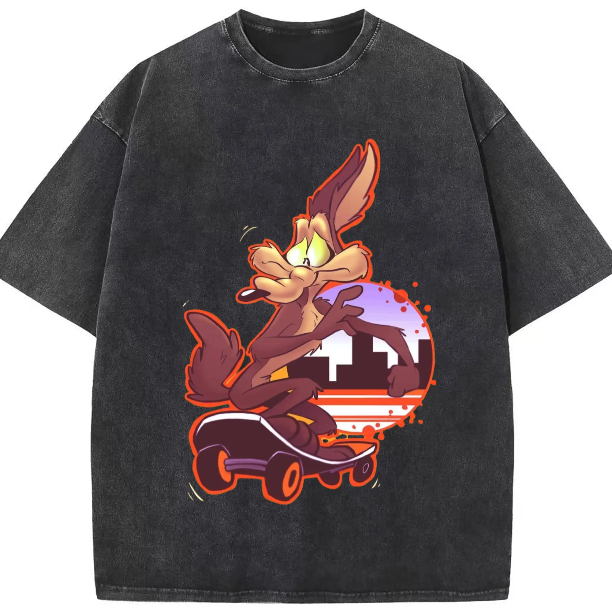 Wile E Coyote t-shirt - Washed Vintage Look 230g Cotton Oversized T-Shirt With Front Heat Transfer Print – Soft, Lightweight, Stylish Fit – Comfortable Casual Wear For Sports & Everyday Use