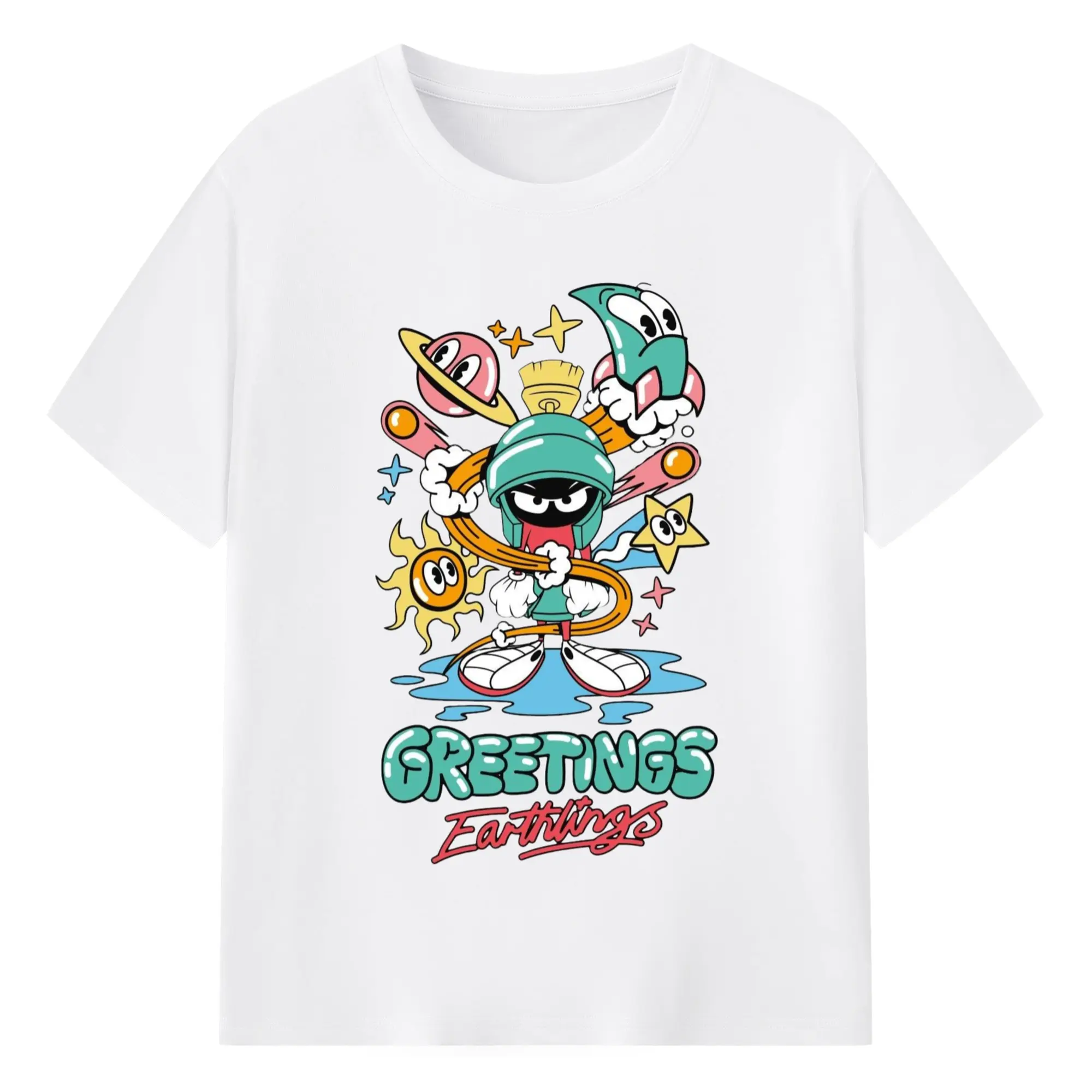 Marvin the martian cartoon t shirt - 180g Cotton T-Shirt With Front Heat Transfer Print – Soft, Lightweight, Fitted Design – Comfortable Casual Wear For Sports & Everyday Use