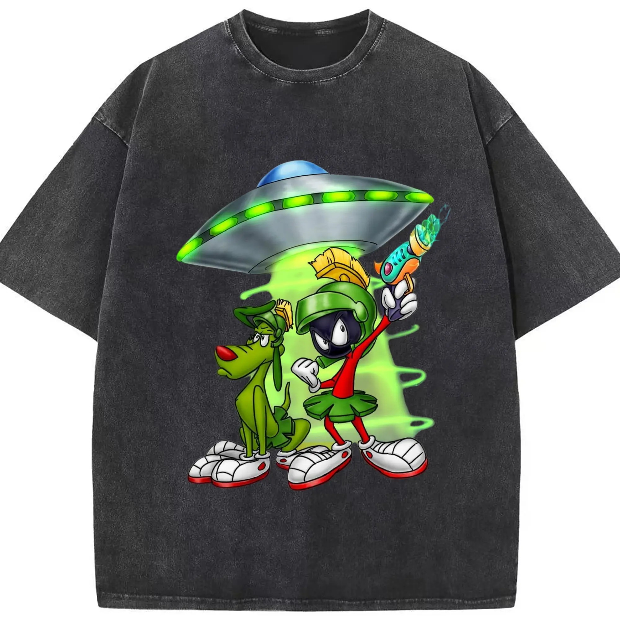 Marvin the martian and dog  vintage t shirt - Washed Vintage Look 230g Cotton Oversized T-Shirt With Front Heat Transfer Print – Soft, Lightweight, Stylish Fit – Comfortable Casual Wear For Sports & Everyday Use