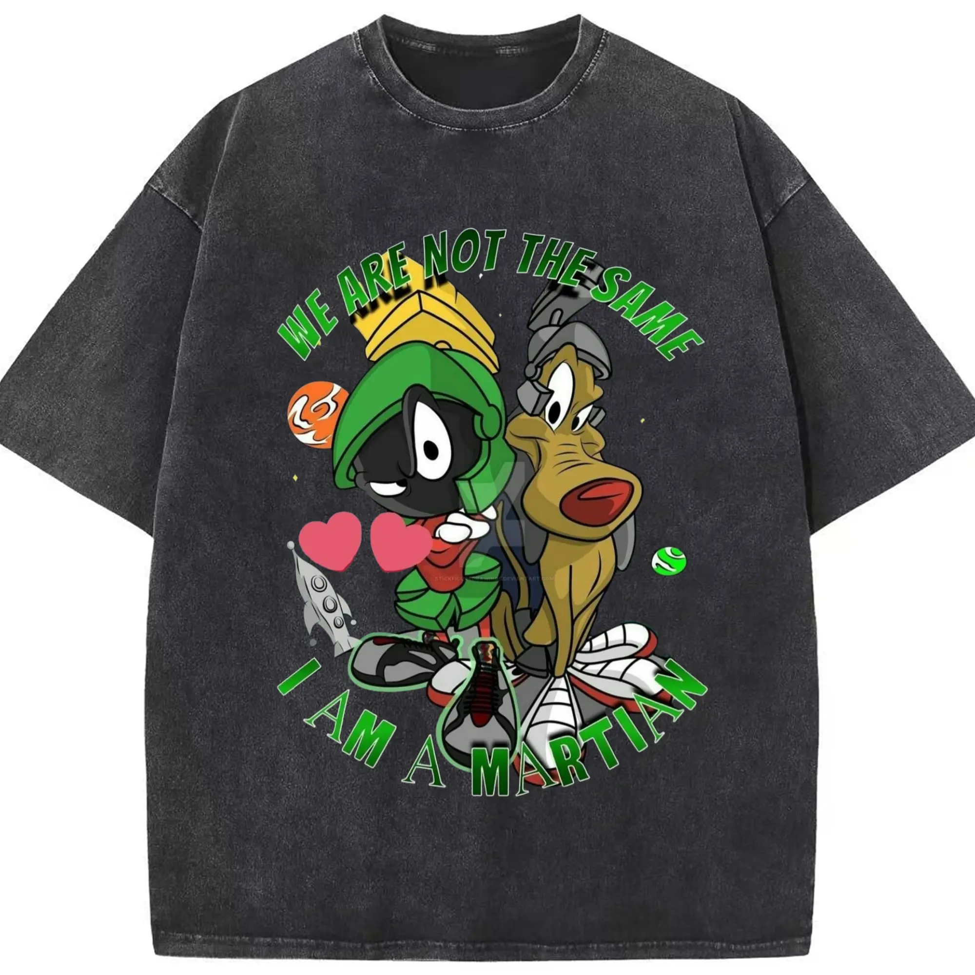 Marvin the martian and dog graphic t shirt - Washed Vintage Look 230g Cotton Oversized T-Shirt With Front Heat Transfer Print – Soft, Lightweight, Stylish Fit – Comfortable Casual Wear For Sports & Everyday Use