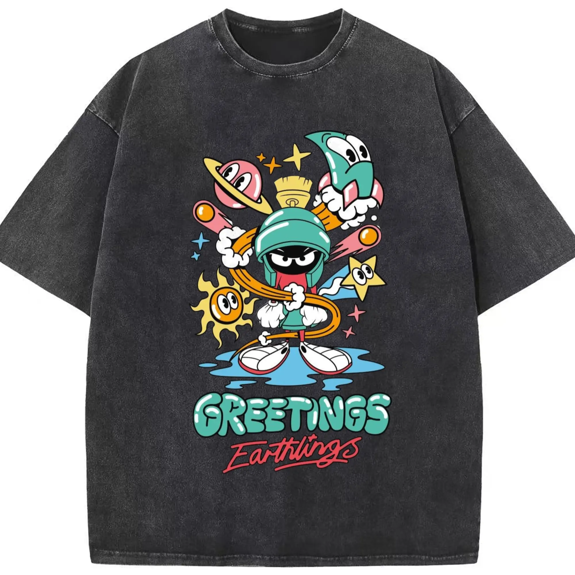 Marvin the martian cartoon t shirt - Washed Vintage Look 230g Cotton Oversized T-Shirt With Front Heat Transfer Print – Soft, Lightweight, Stylish Fit – Comfortable Casual Wear For Sports & Everyday Use