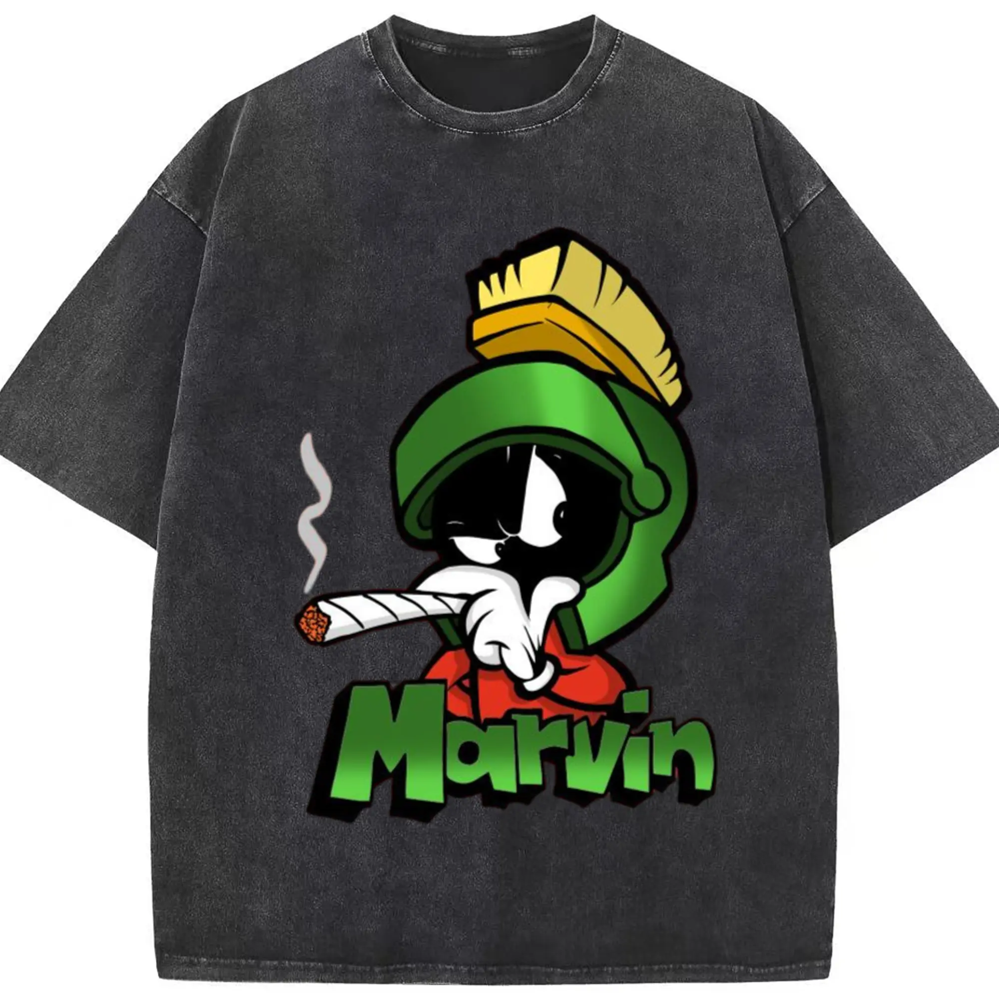Marvin the martian face t shirt - Washed Vintage Look 230g Cotton Oversized T-Shirt With Front Heat Transfer Print – Soft, Lightweight, Stylish Fit – Comfortable Casual Wear For Sports & Everyday Use