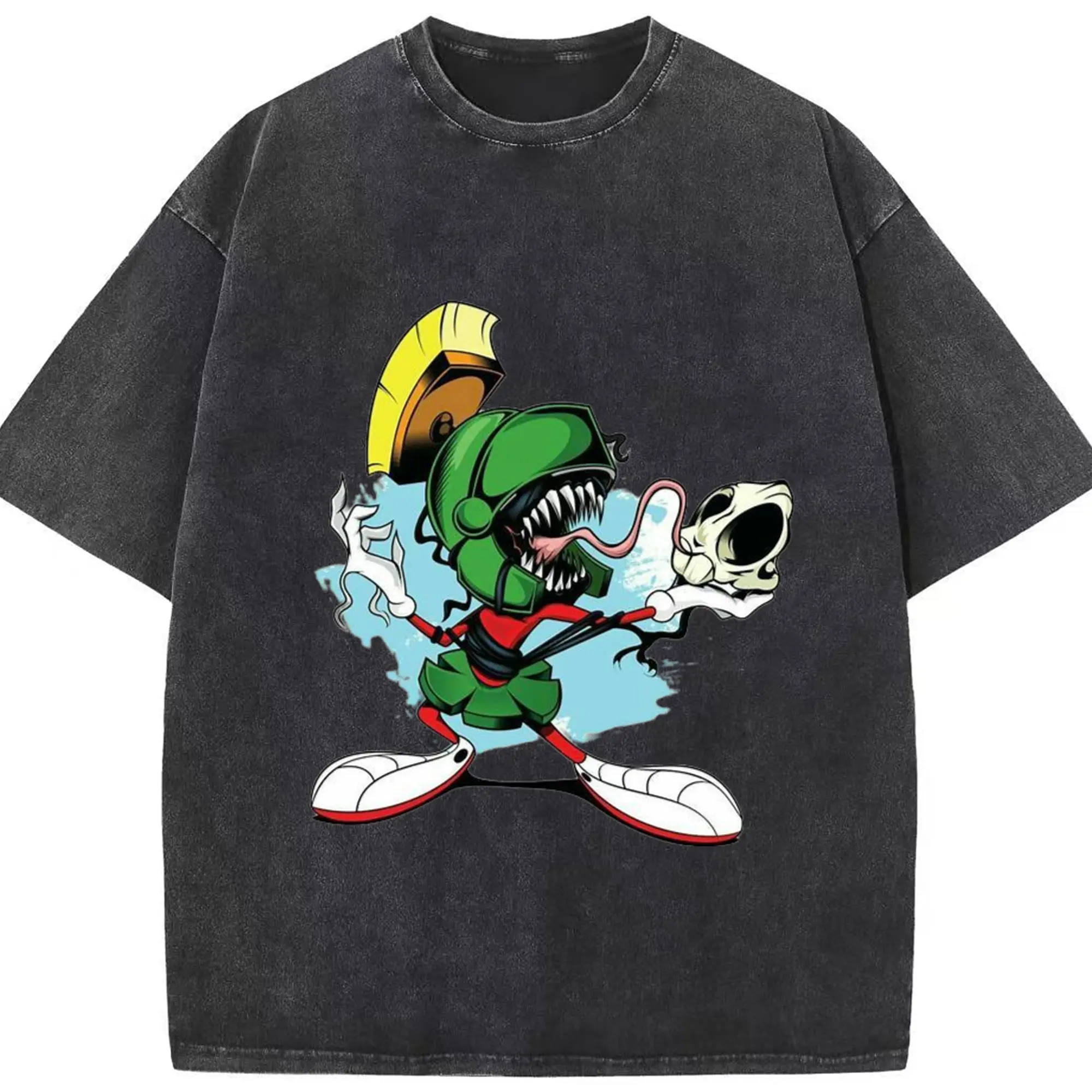 Marvin the martian tee shirts​ - Washed Vintage Look 230g Cotton Oversized T-Shirt With Front Heat Transfer Print – Soft, Lightweight, Stylish Fit – Comfortable Casual Wear For Sports & Everyday Use