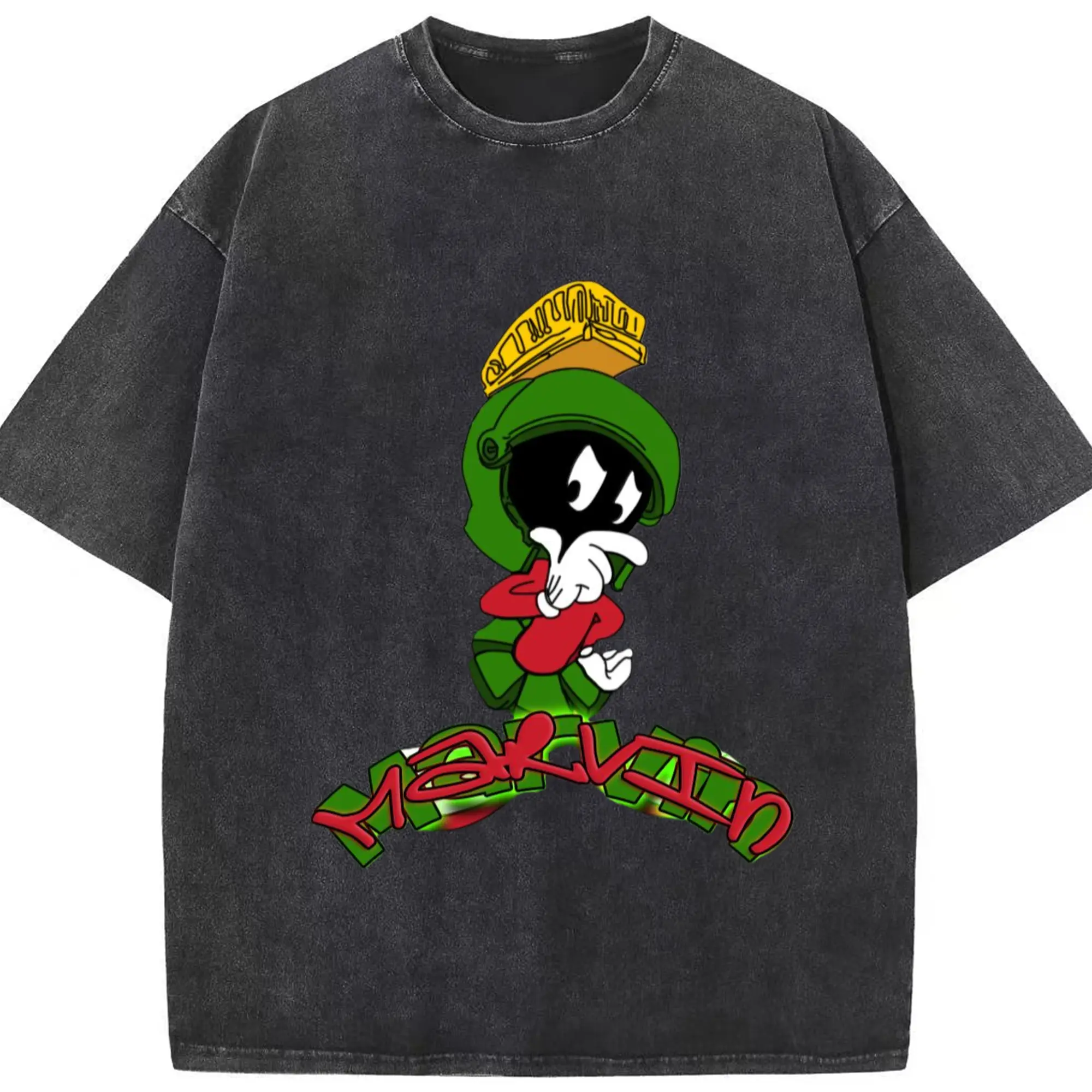 Marvin the martian tee - Washed Vintage Look 230g Cotton Oversized T-Shirt With Front Heat Transfer Print – Soft, Lightweight, Stylish Fit – Comfortable Casual Wear For Sports & Everyday Use