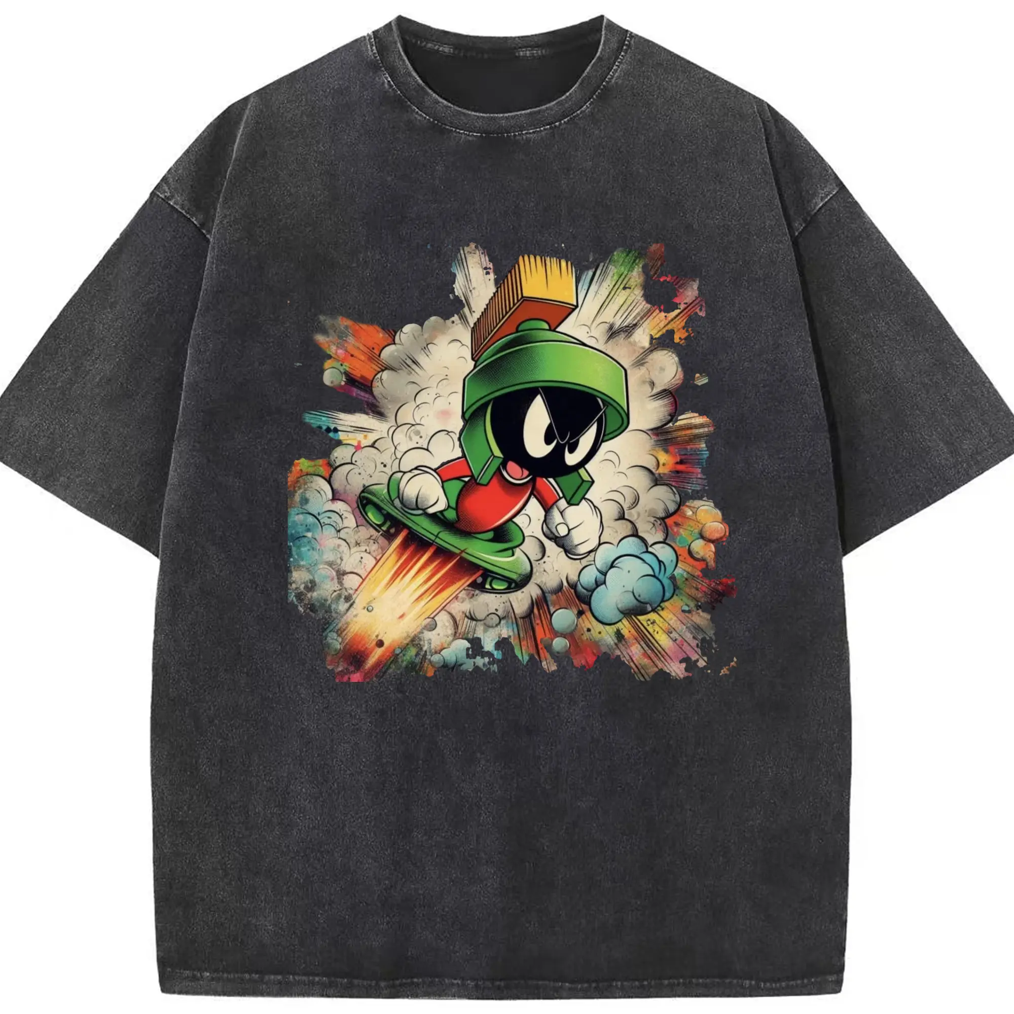 Marvin the Martian t-shirt​ - Washed Vintage Look 230g Cotton Oversized T-Shirt With Front Heat Transfer Print – Soft, Lightweight, Stylish Fit – Comfortable Casual Wear For Sports & Everyday Use