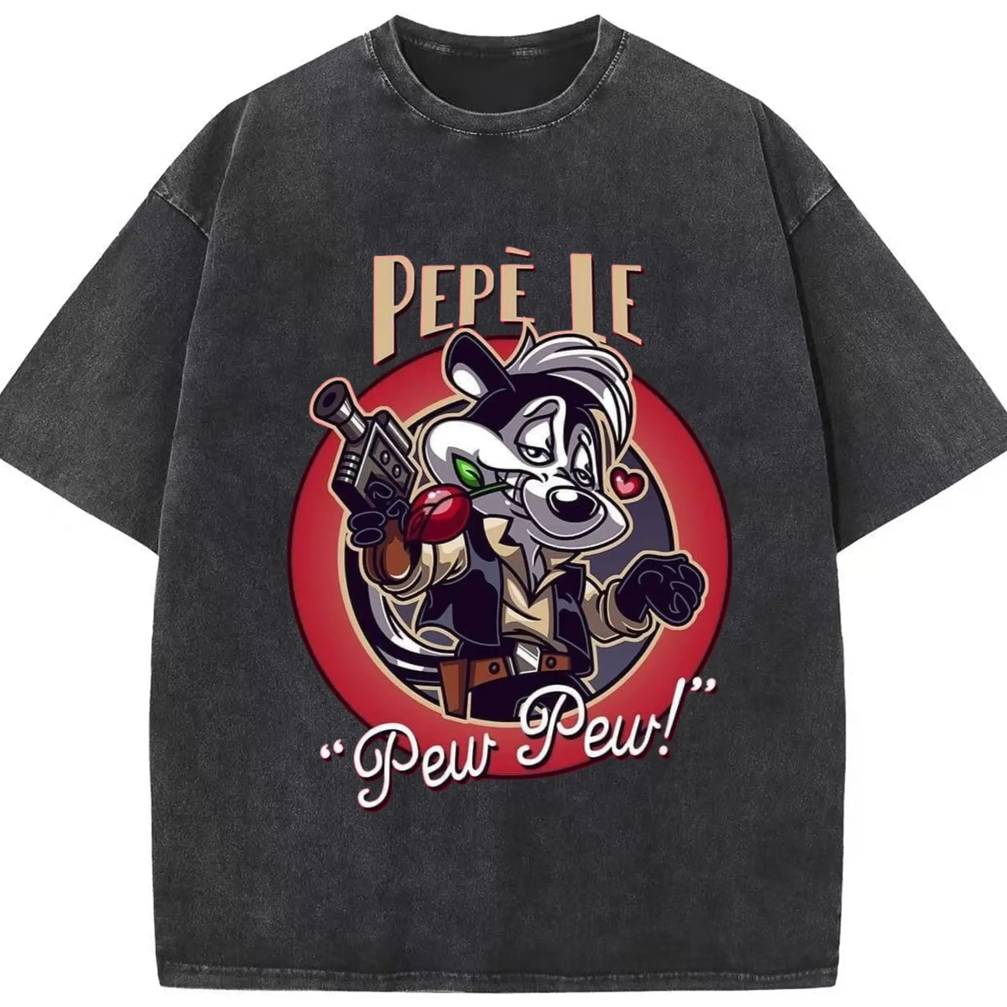 Pepe le pew cowboy tee shirts - Washed Vintage Look 230g Cotton Oversized T-Shirt With Front Heat Transfer Print – Soft, Lightweight, Stylish Fit – Comfortable Casual Wear For Sports & Everyday Use