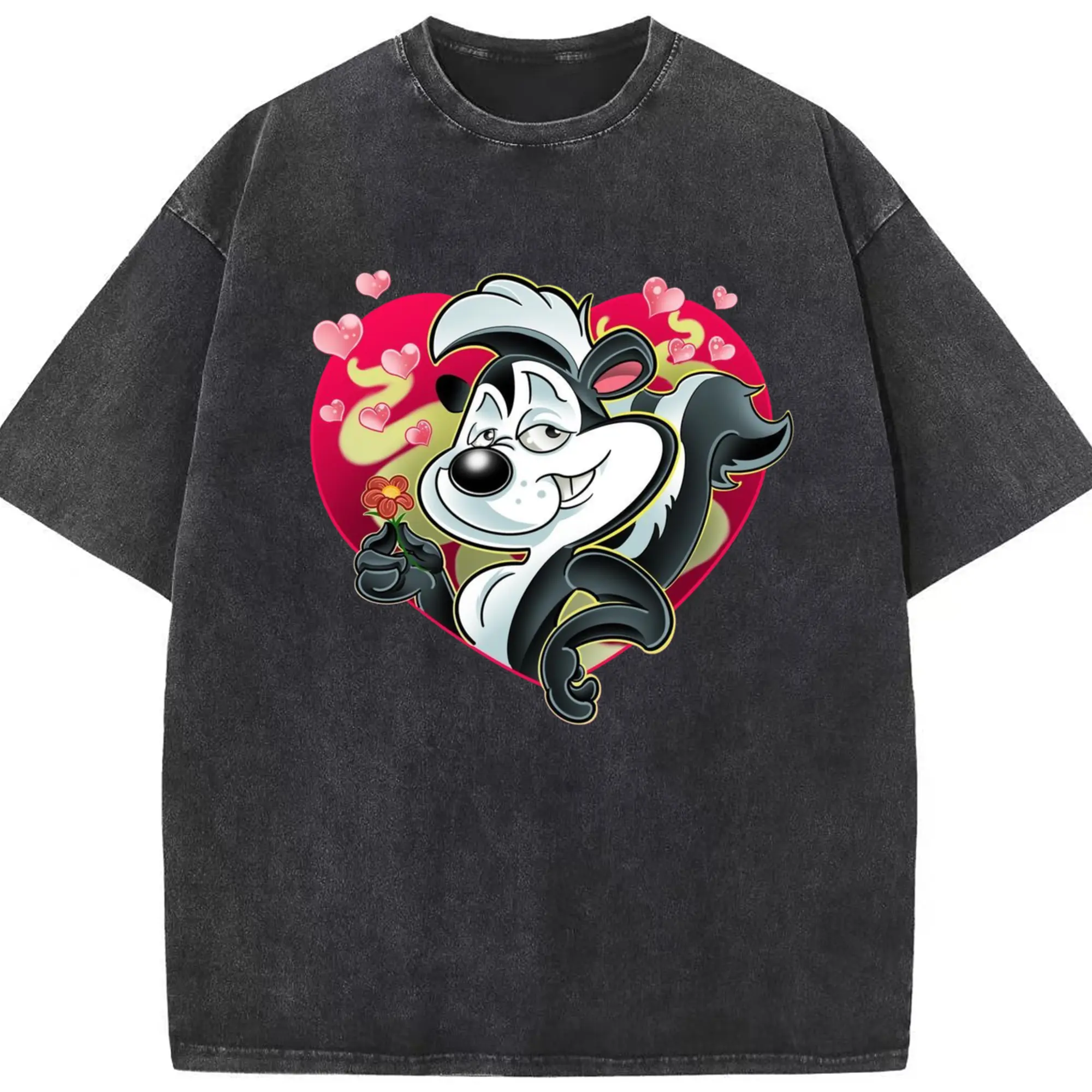 Pepe le pew love t-shirt​ - Washed Vintage Look 230g Cotton Oversized T-Shirt With Front Heat Transfer Print – Soft, Lightweight, Stylish Fit – Comfortable Casual Wear For Sports & Everyday Use
