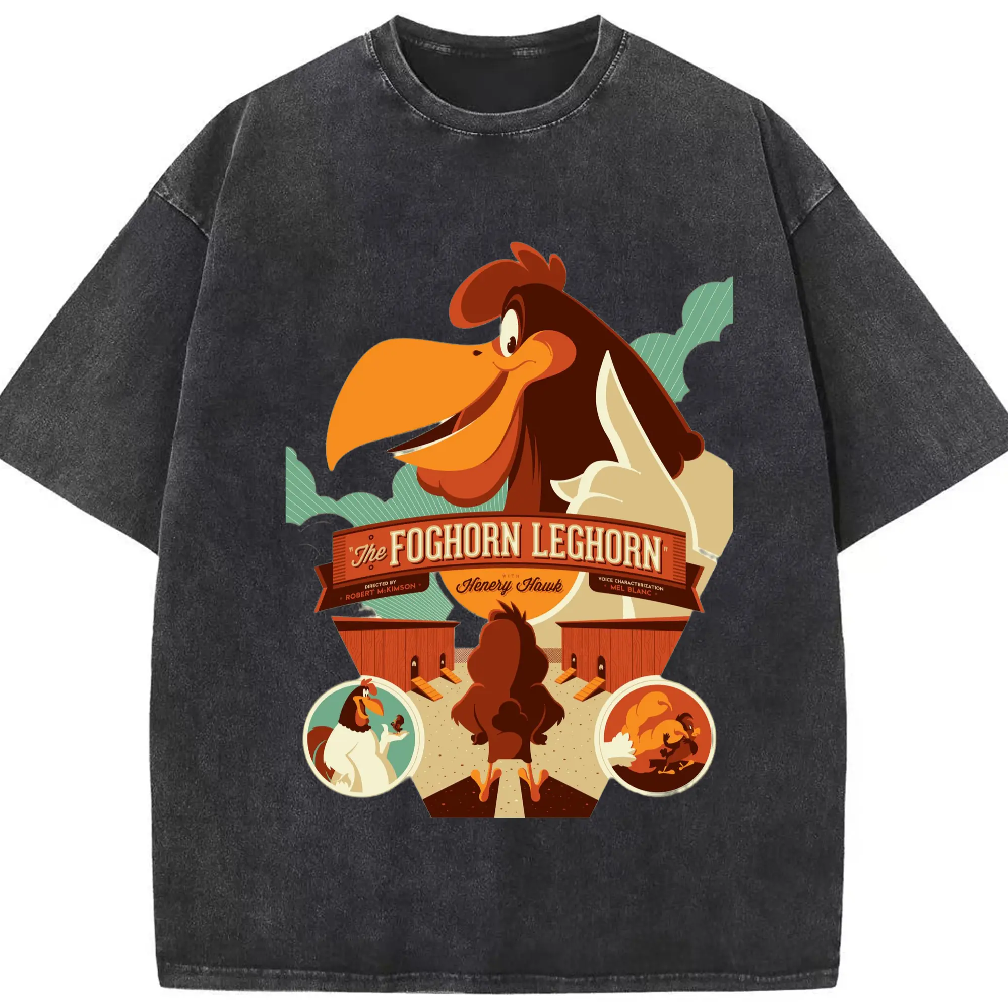 Foghorn leghorn mens graphic shirts​ - Washed Vintage Look 230g Cotton Oversized T-Shirt With Front Heat Transfer Print – Soft, Lightweight, Stylish Fit – Comfortable Casual Wear For Sports & Everyday Use