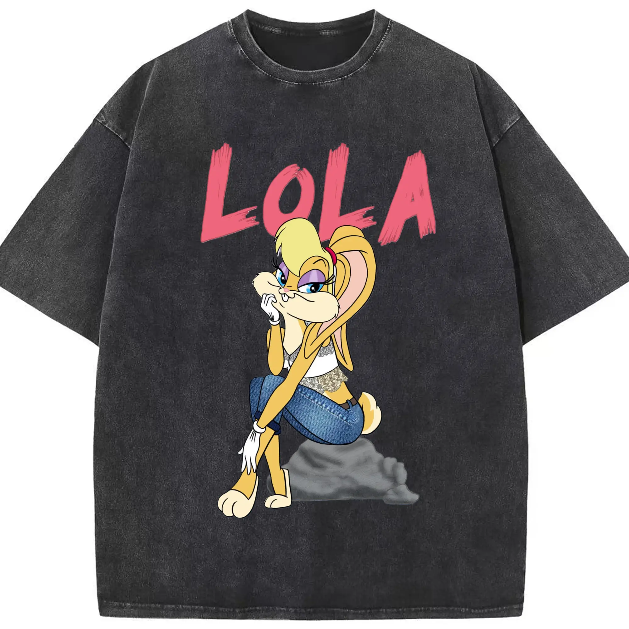 Lola bunny graphic t-shirt​ - Washed Vintage Look 230g Cotton Oversized T-Shirt With Front Heat Transfer Print – Soft, Lightweight, Stylish Fit – Comfortable Casual Wear For Sports & Everyday Use