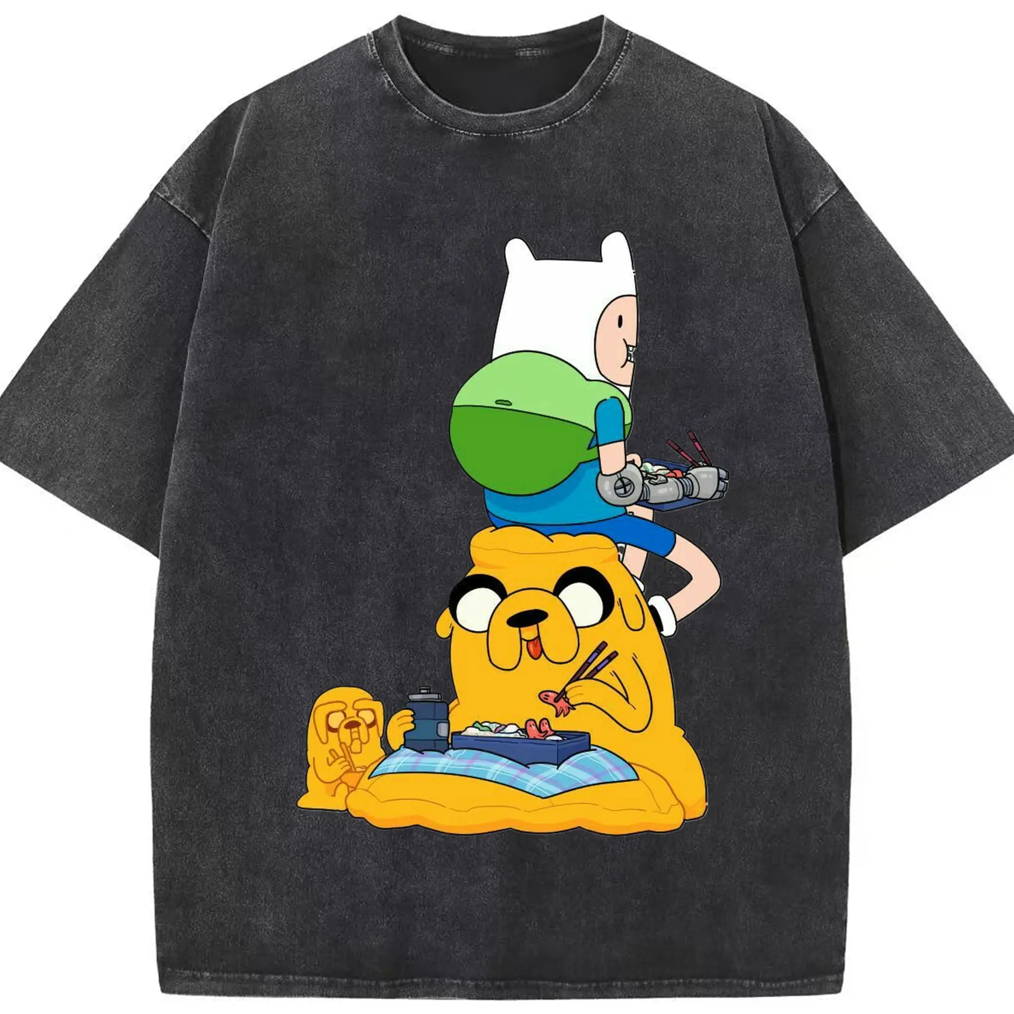 Adventure Time Finn and Jake cartoon Tee - Washed Vintage Look 230g Cotton Oversized T-Shirt With Front Heat Transfer Print – Soft, Lightweight, Stylish Fit – Comfortable Casual Wear For Sports & Everyday Use