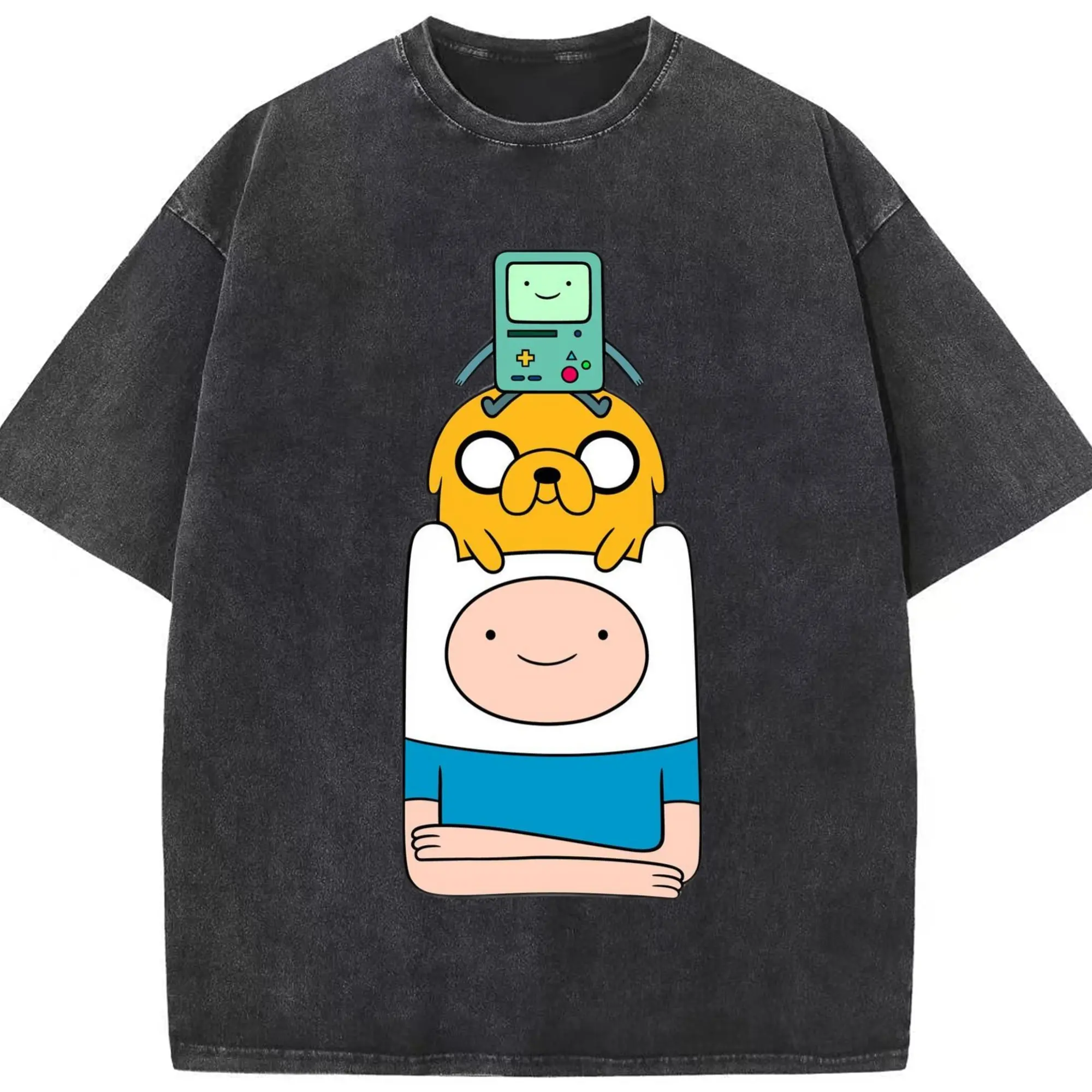Adventure Time Finn and Jake Graphic shirt - Washed Vintage Look 230g Cotton Oversized T-Shirt With Front Heat Transfer Print – Soft, Lightweight, Stylish Fit – Comfortable Casual Wear For Sports & Everyday Use