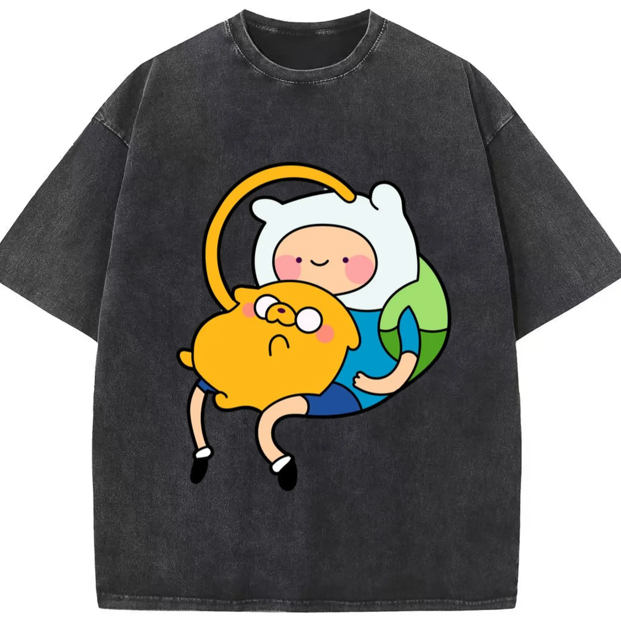 Adventure Time Finn and Jake Graphic Tee - Washed Vintage Look 230g Cotton Oversized T-Shirt With Front Heat Transfer Print – Soft, Lightweight, Stylish Fit – Comfortable Casual Wear For Sports & Everyday Use
