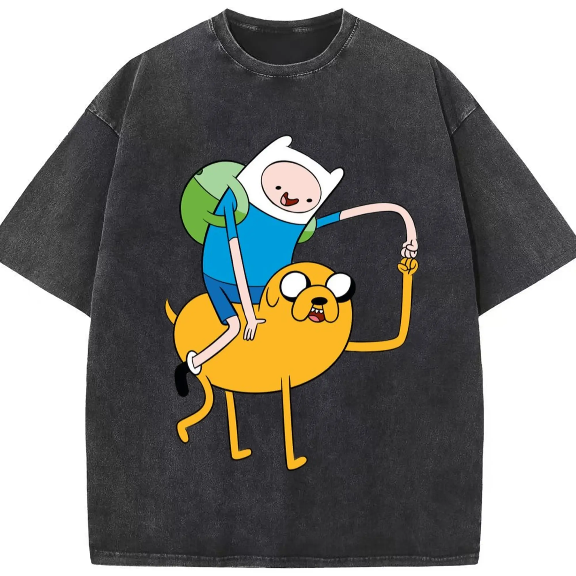 Adventure Time Finn and Jake Tee - Washed Vintage Look 230g Cotton Oversized T-Shirt With Front Heat Transfer Print – Soft, Lightweight, Stylish Fit – Comfortable Casual Wear For Sports & Everyday Use