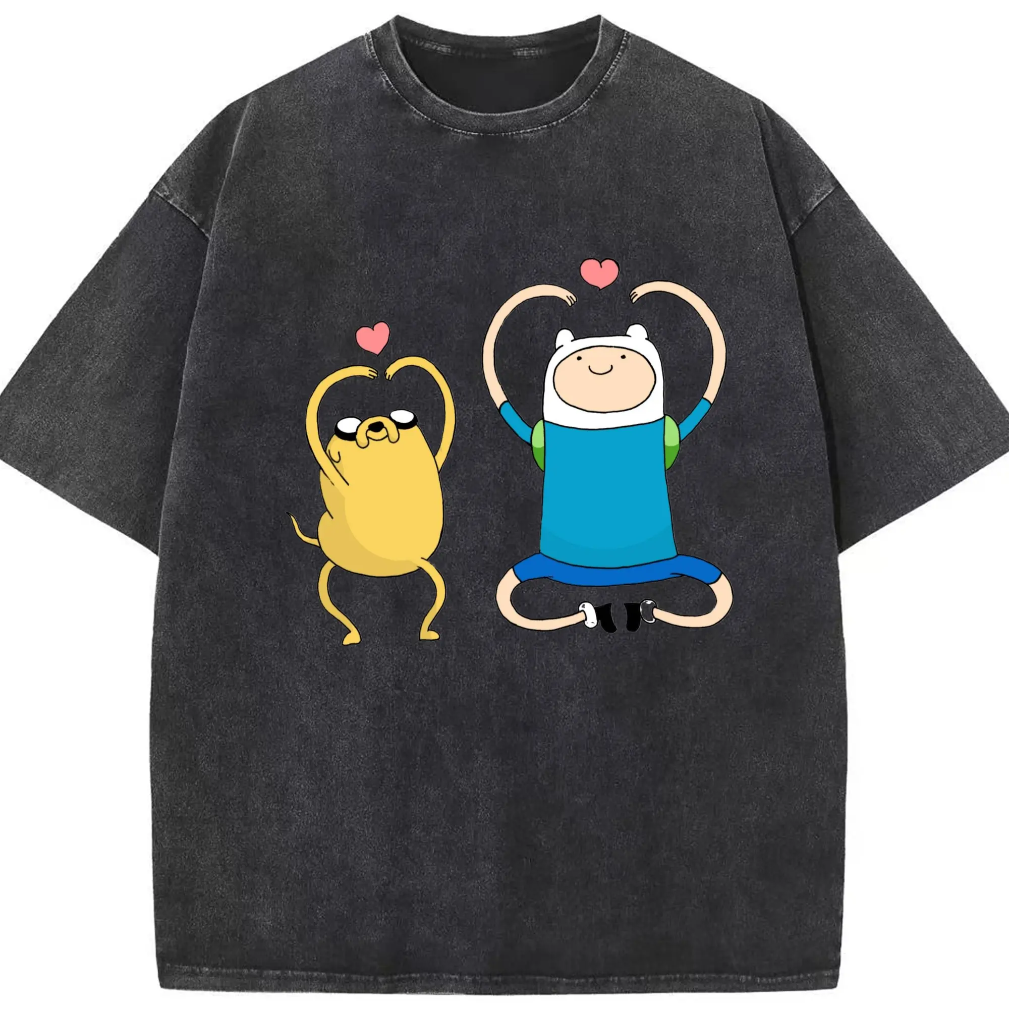Adventure Time Finn and Jake t-shirt - Washed Vintage Look 230g Cotton Oversized T-Shirt With Front Heat Transfer Print – Soft, Lightweight, Stylish Fit – Comfortable Casual Wear For Sports & Everyday Use
