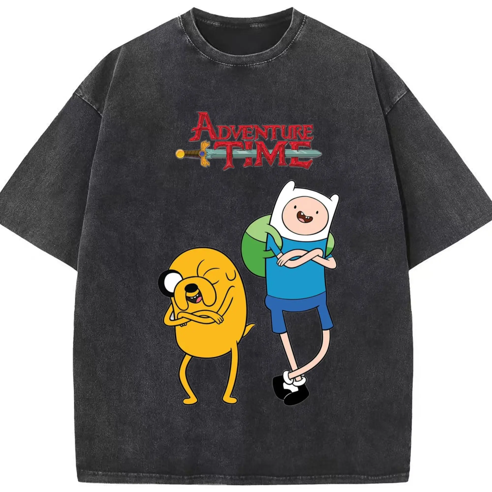 Adventure Time Finn and Jake Graphic Tee - Washed Vintage Look 230g Cotton Oversized T-Shirt With Front Heat Transfer Print – Soft, Lightweight, Stylish Fit – Comfortable Casual Wear For Sports & Everyday Use