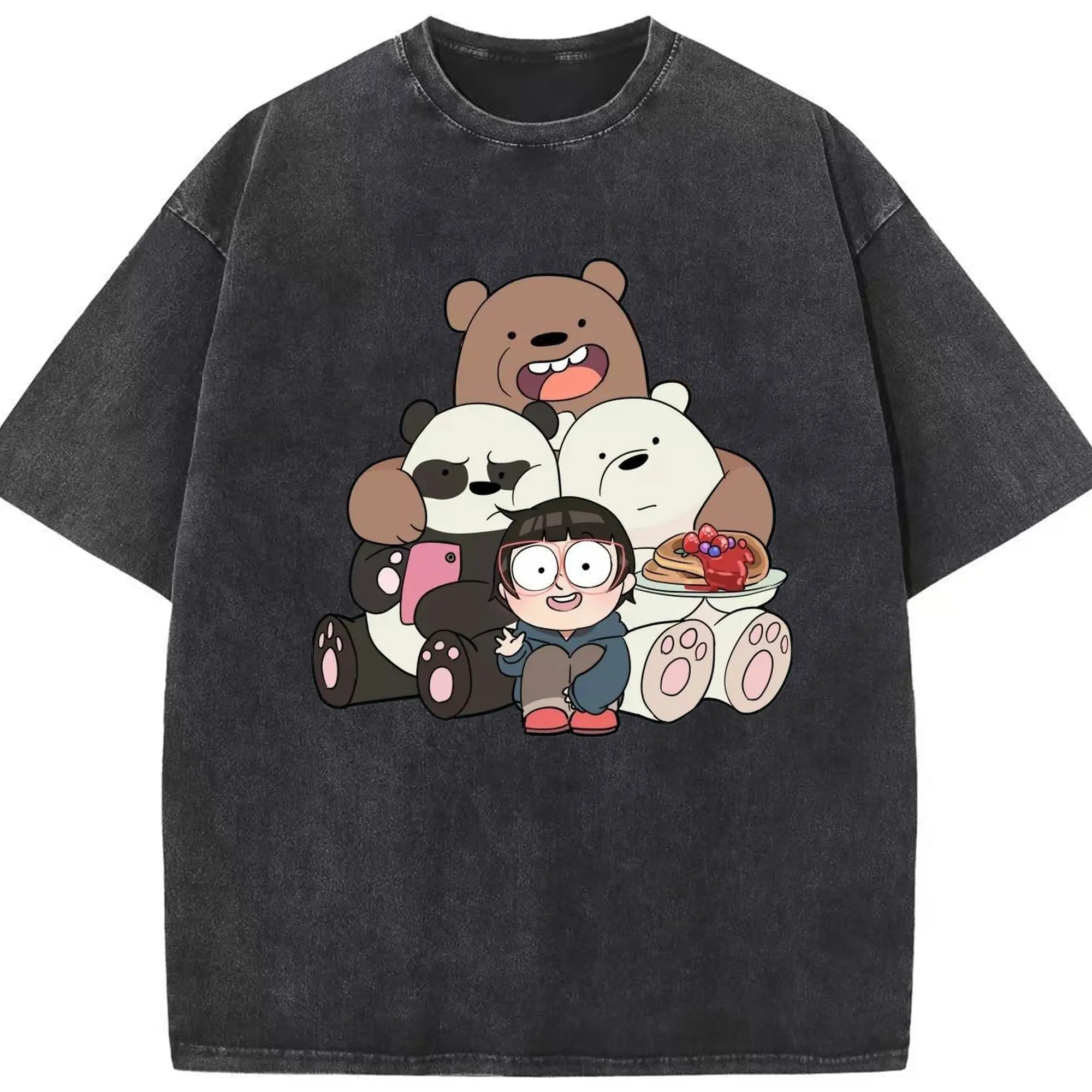 Men's We Bare Bears T-Shirt - Washed Vintage Look 230g Cotton Oversized T-Shirt With Front Heat Transfer Print – Soft, Lightweight, Stylish Fit – Comfortable Casual Wear For Sports & Everyday Use