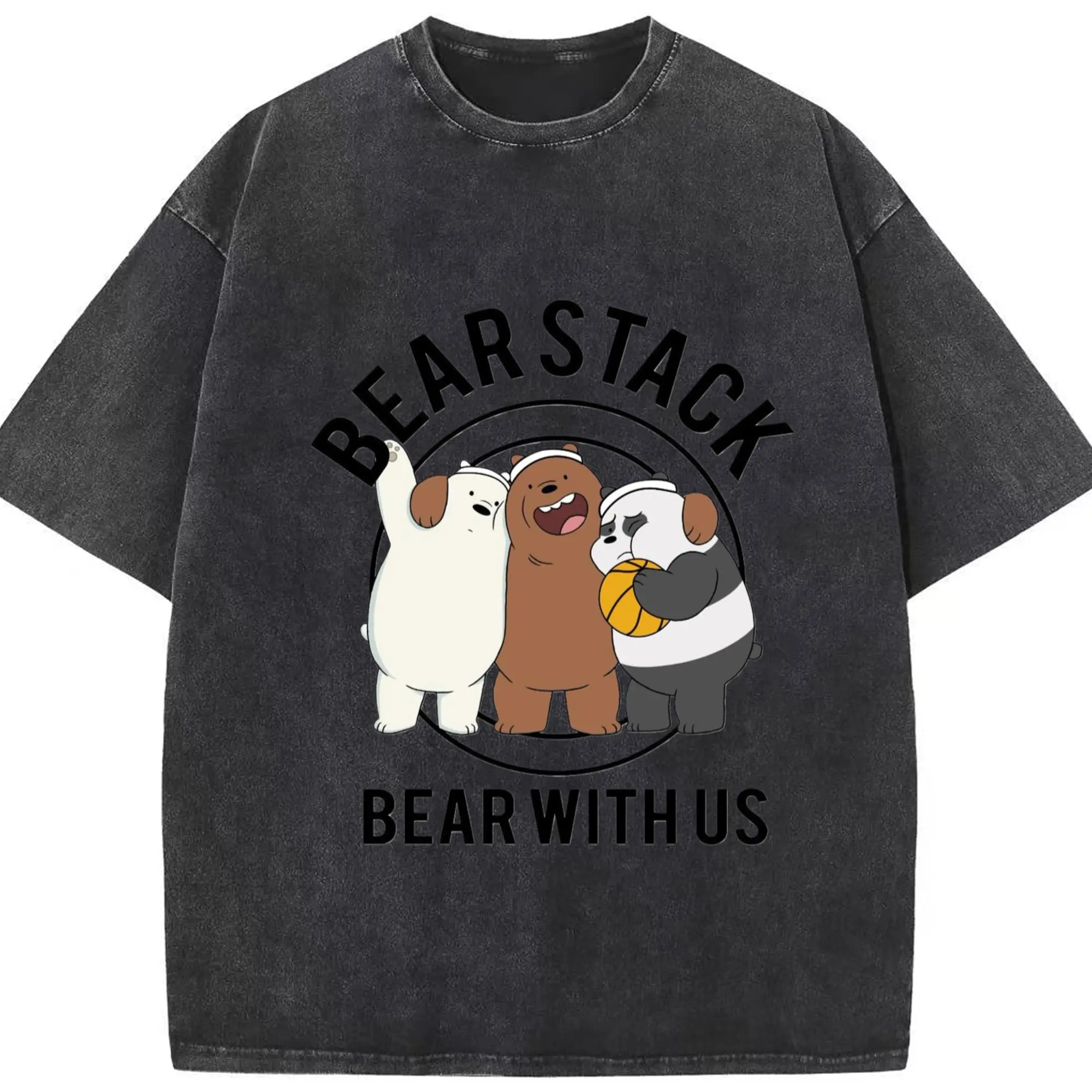 We bare bears graphic t-shirt - Washed Vintage Look 230g Cotton Oversized T-Shirt With Front Heat Transfer Print – Soft, Lightweight, Stylish Fit – Comfortable Casual Wear For Sports & Everyday Use