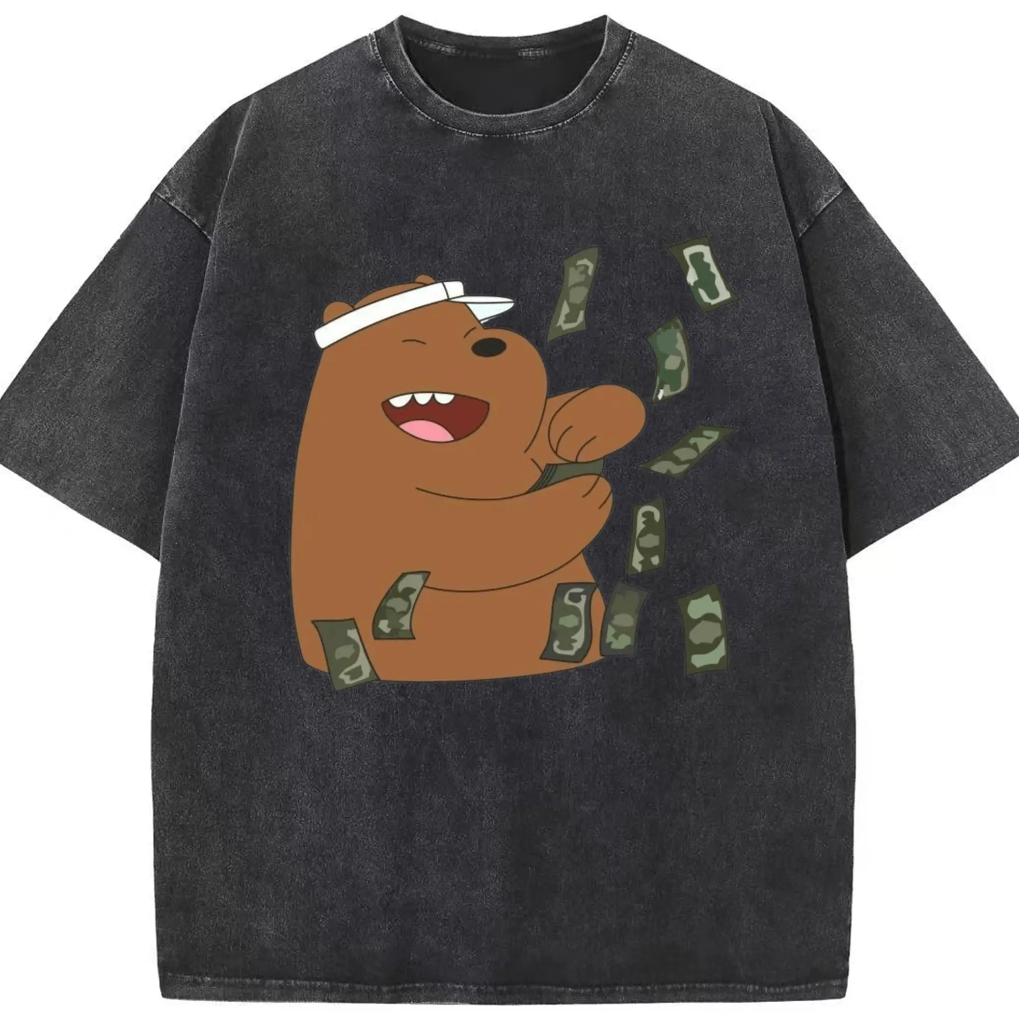 We Bare Bears Grizzly graphic tee - Washed Vintage Look 230g Cotton Oversized T-Shirt With Front Heat Transfer Print – Soft, Lightweight, Stylish Fit – Comfortable Casual Wear For Sports & Everyday Use