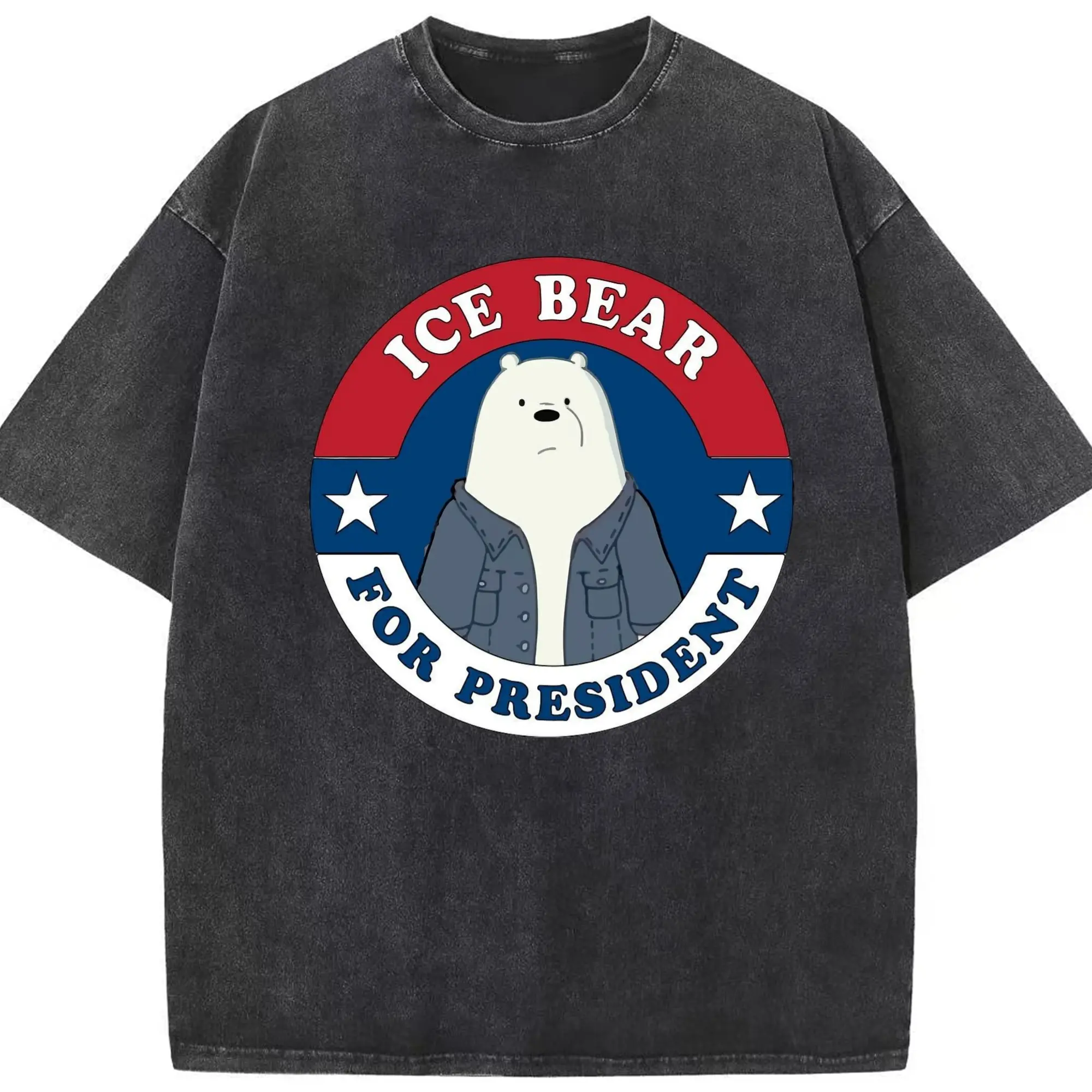 We Bare Bears Ice Bear graphic Tee - Washed Vintage Look 230g Cotton Oversized T-Shirt With Front Heat Transfer Print – Soft, Lightweight, Stylish Fit – Comfortable Casual Wear For Sports & Everyday Use