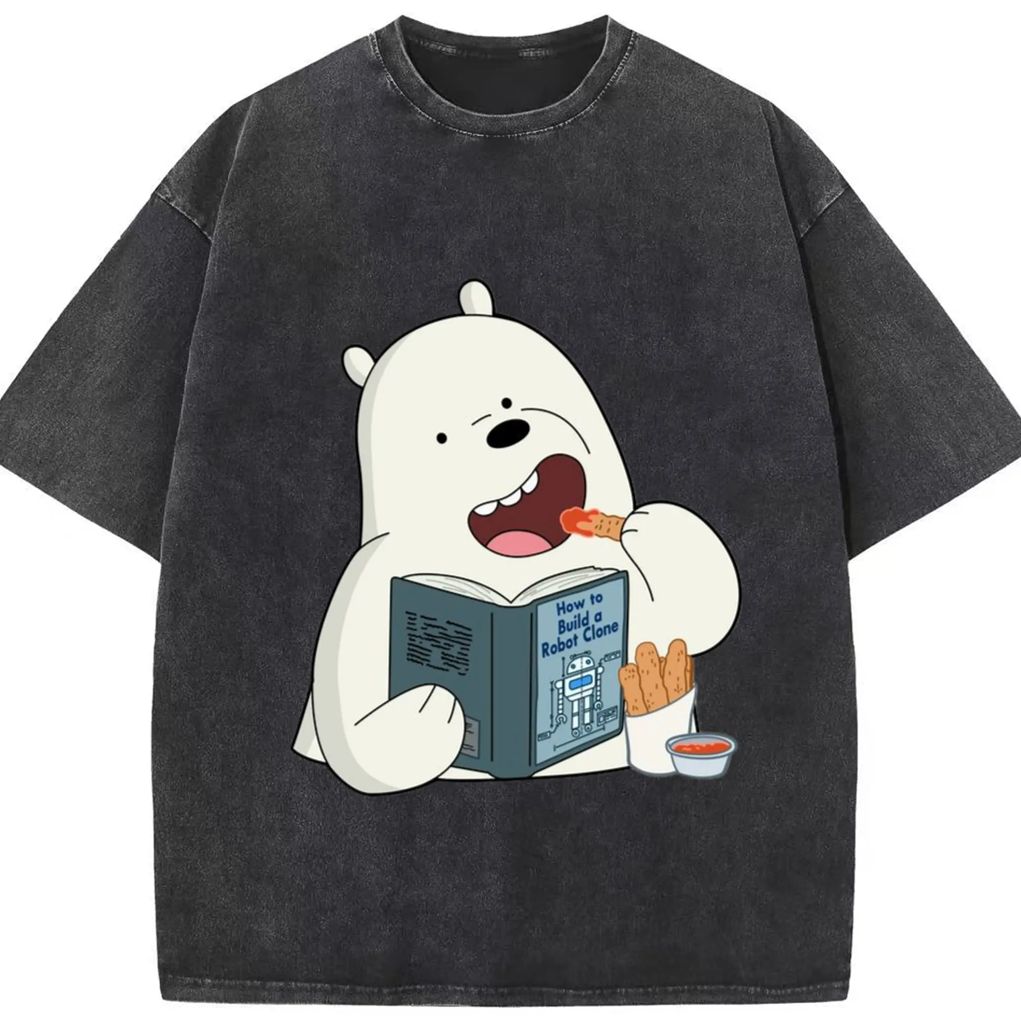 We Bare Bears Ice Bear graphic T-Shirt - Washed Vintage Look 230g Cotton Oversized T-Shirt With Front Heat Transfer Print – Soft, Lightweight, Stylish Fit – Comfortable Casual Wear For Sports & Everyday Use