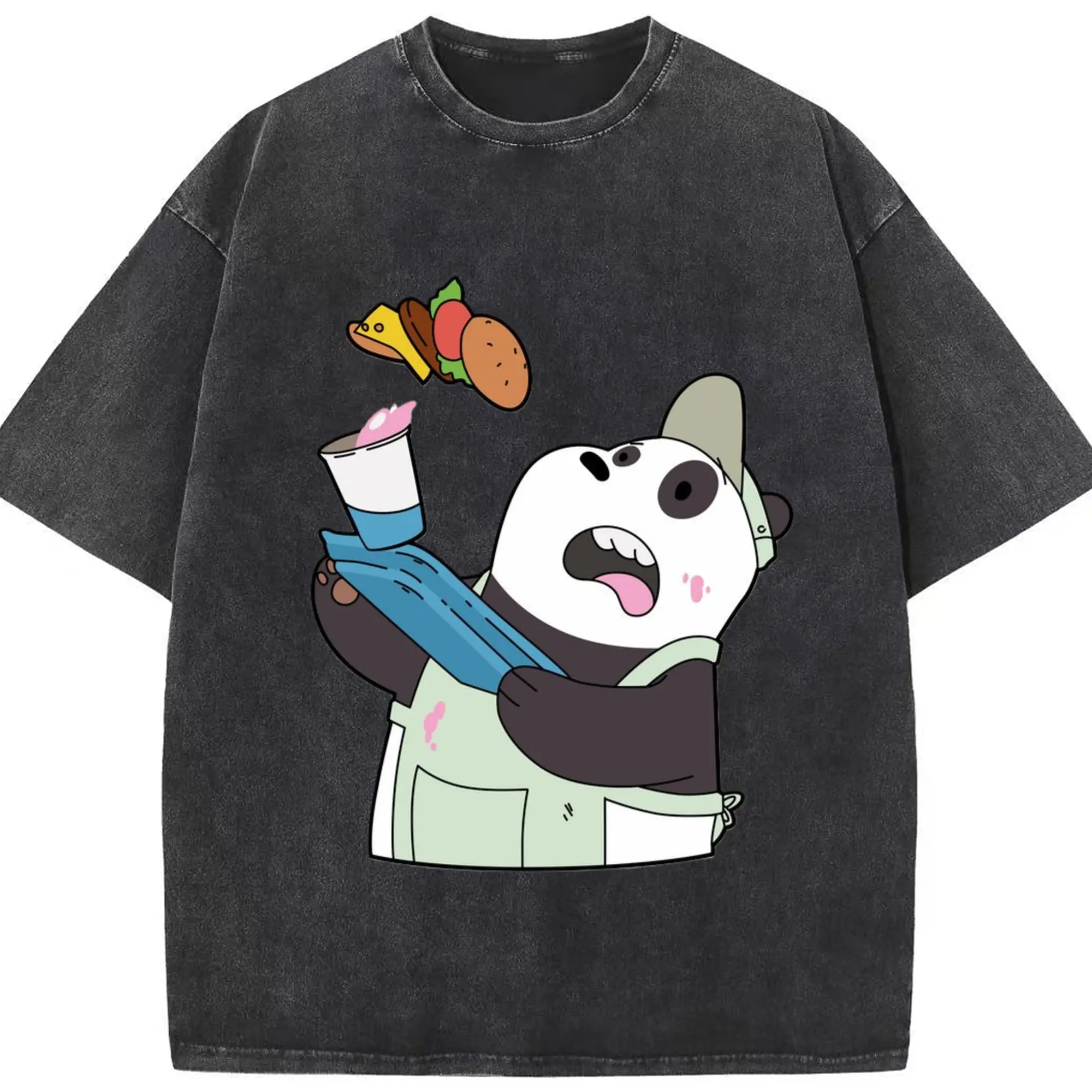 We Bare Bears Panda graphic T-Shirt - Washed Vintage Look 230g Cotton Oversized T-Shirt With Front Heat Transfer Print – Soft, Lightweight, Stylish Fit – Comfortable Casual Wear For Sports & Everyday Use