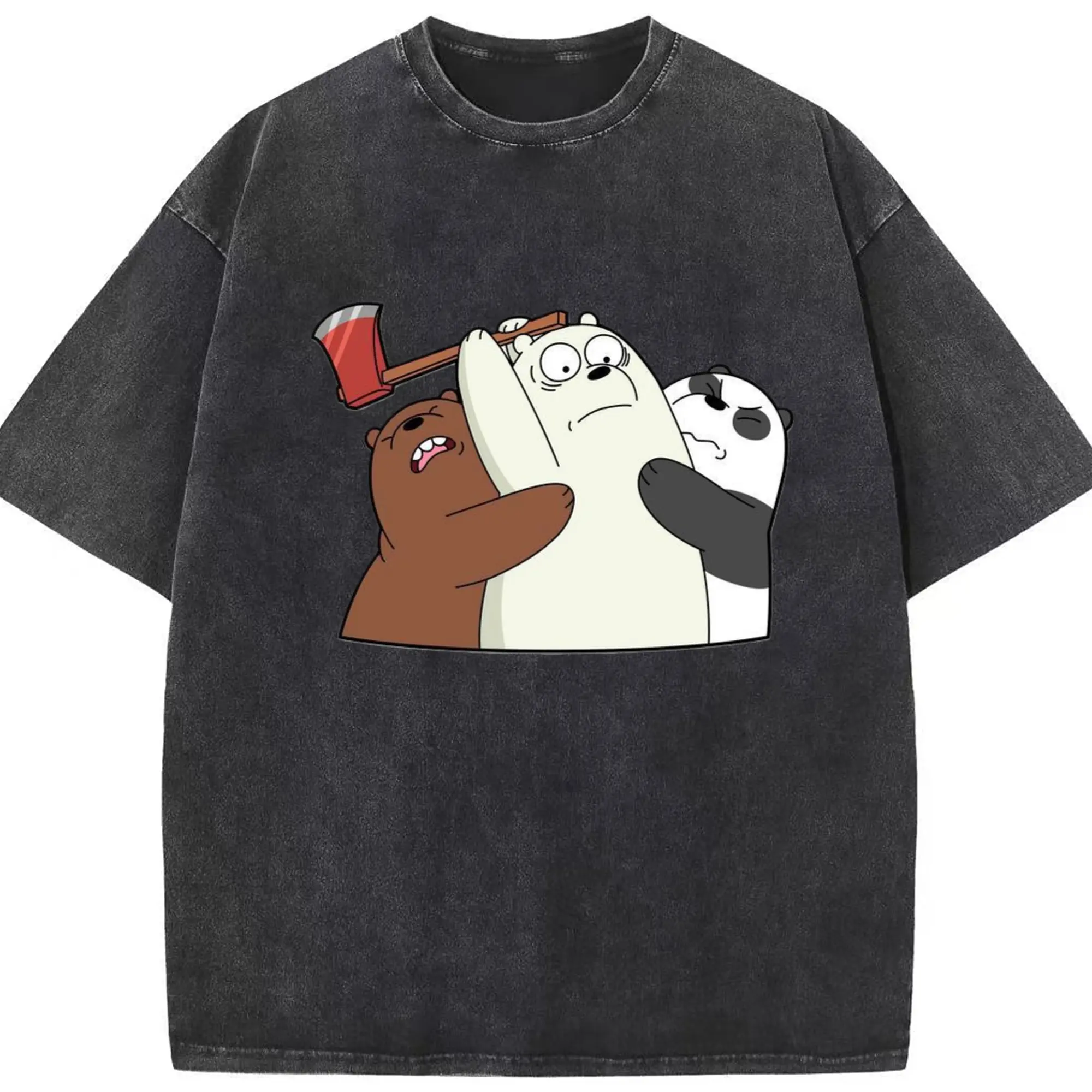 Youth We Bare Bears tee - Washed Vintage Look 230g Cotton Oversized T-Shirt With Front Heat Transfer Print – Soft, Lightweight, Stylish Fit – Comfortable Casual Wear For Sports & Everyday Use