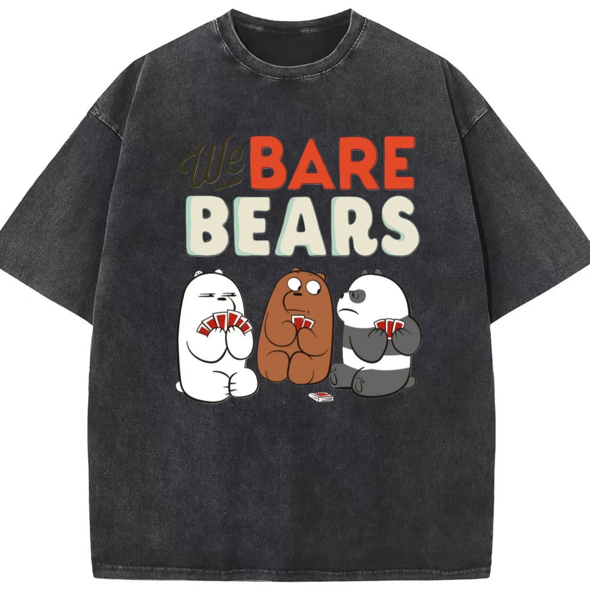 Youth We Bare Bears T-Shirt - Washed Vintage Look 230g Cotton Oversized T-Shirt With Front Heat Transfer Print – Soft, Lightweight, Stylish Fit – Comfortable Casual Wear For Sports & Everyday Use