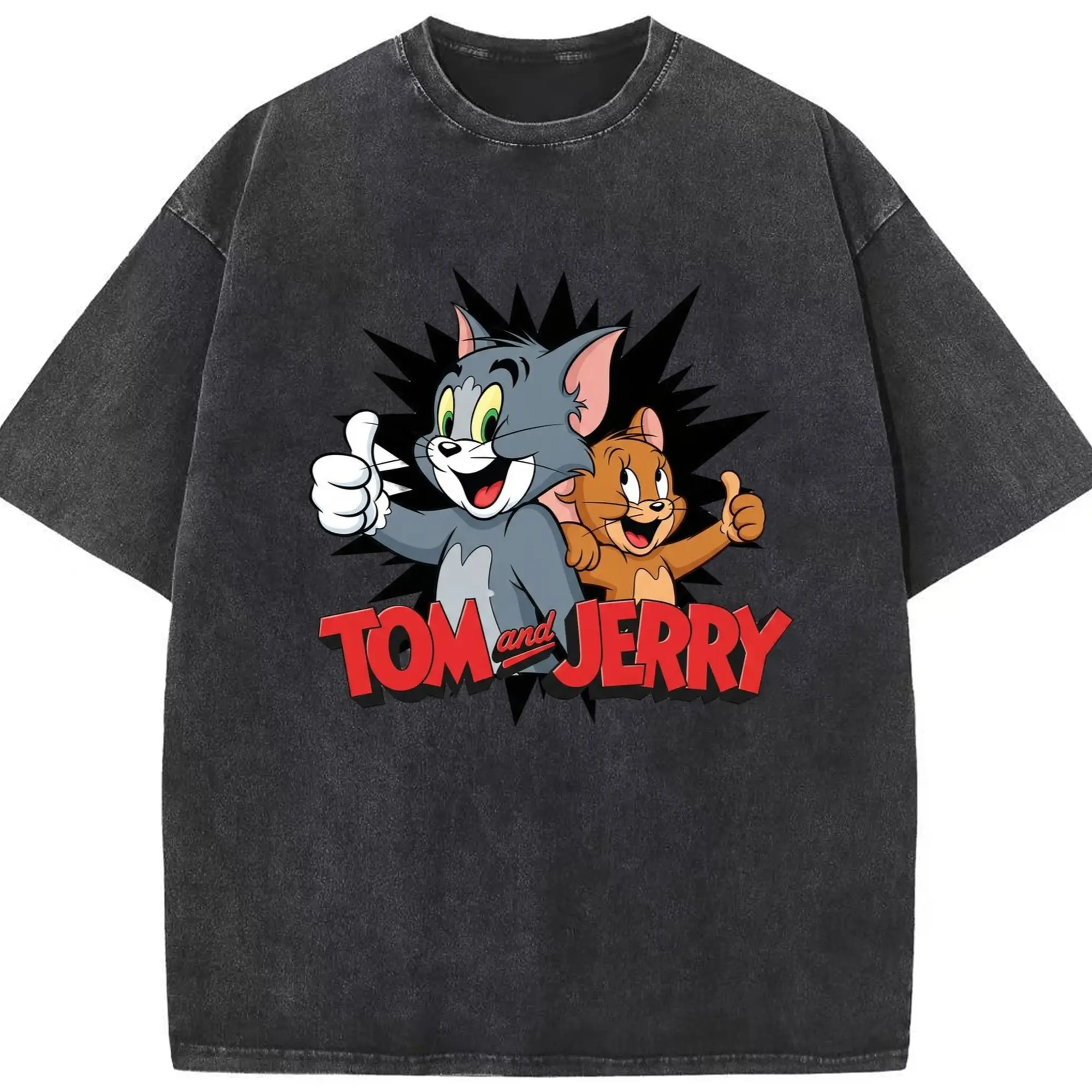 Tom and jerry cartoon t shirts​ - Washed Vintage Look 230g Cotton Oversized T-Shirt With Front Heat Transfer Print – Soft, Lightweight, Stylish Fit – Comfortable Casual Wear For Sports & Everyday Use
