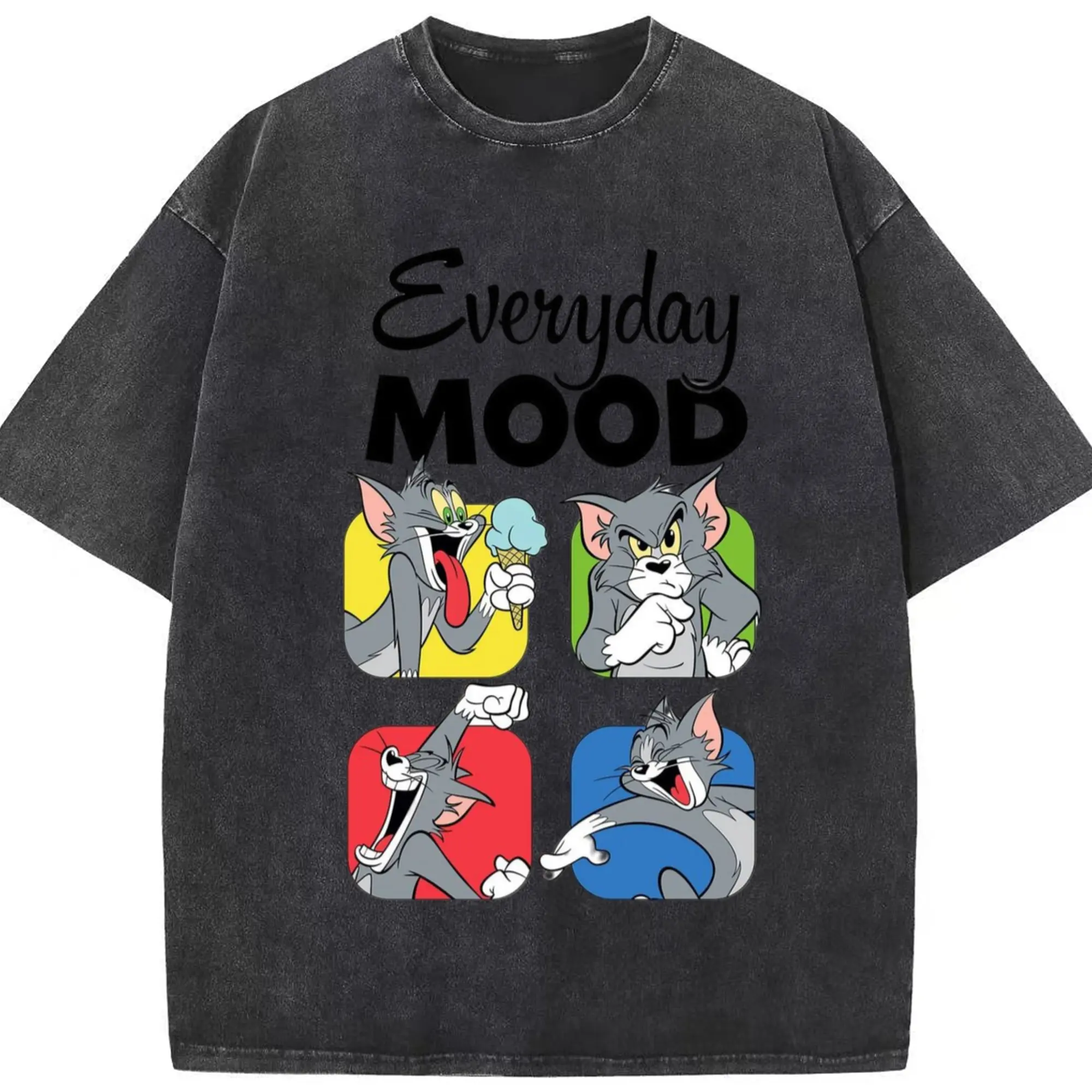 Tom and jerry collage t shirt - Washed Vintage Look 230g Cotton Oversized T-Shirt With Front Heat Transfer Print – Soft, Lightweight, Stylish Fit – Comfortable Casual Wear For Sports & Everyday Use