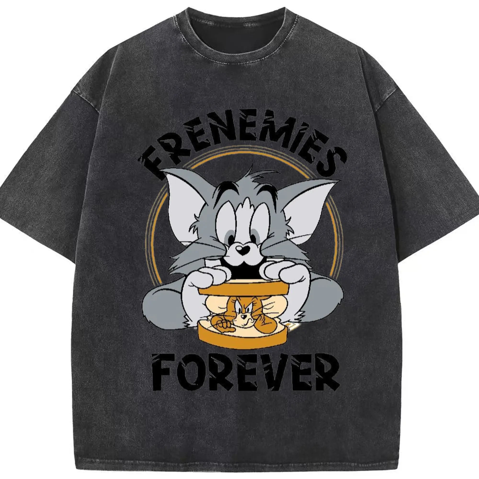 Tom and jerry couple t shirt - Washed Vintage Look 230g Cotton Oversized T-Shirt With Front Heat Transfer Print – Soft, Lightweight, Stylish Fit – Comfortable Casual Wear For Sports & Everyday Use
