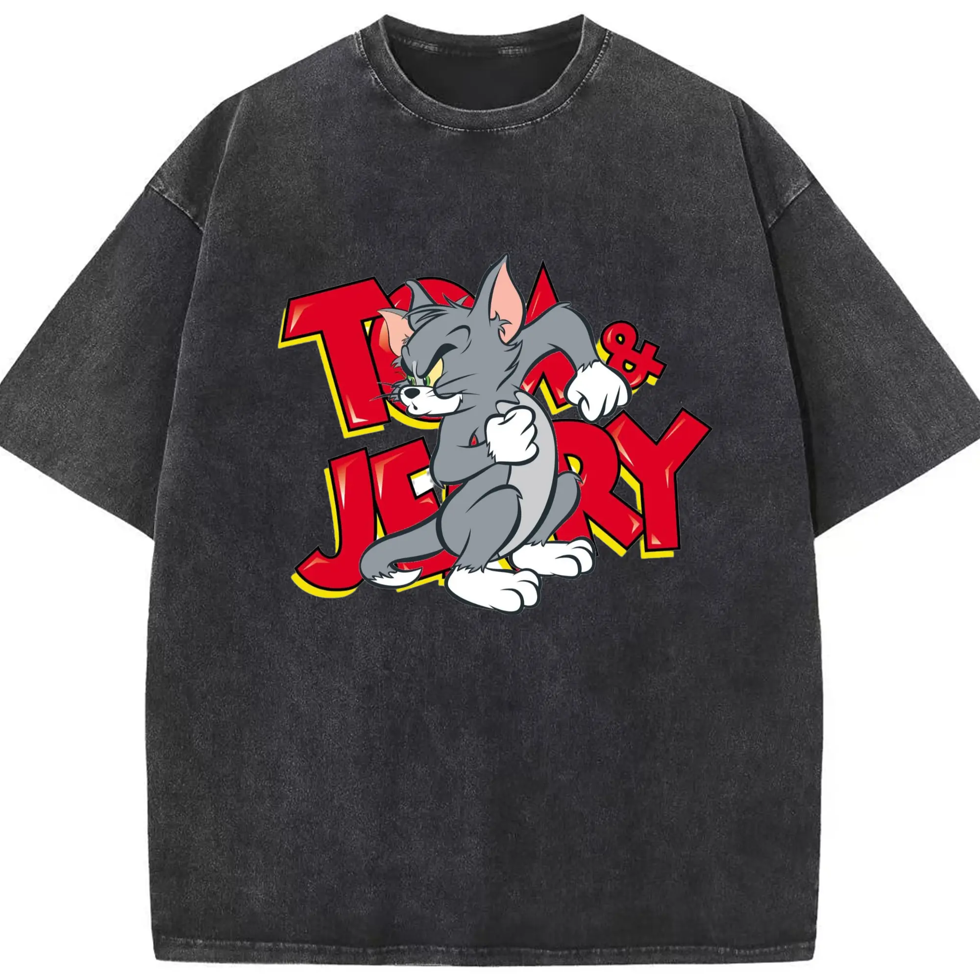 Tom and jerry men's graphic tee - Washed Vintage Look 230g Cotton Oversized T-Shirt With Front Heat Transfer Print – Soft, Lightweight, Stylish Fit – Comfortable Casual Wear For Sports & Everyday Use
