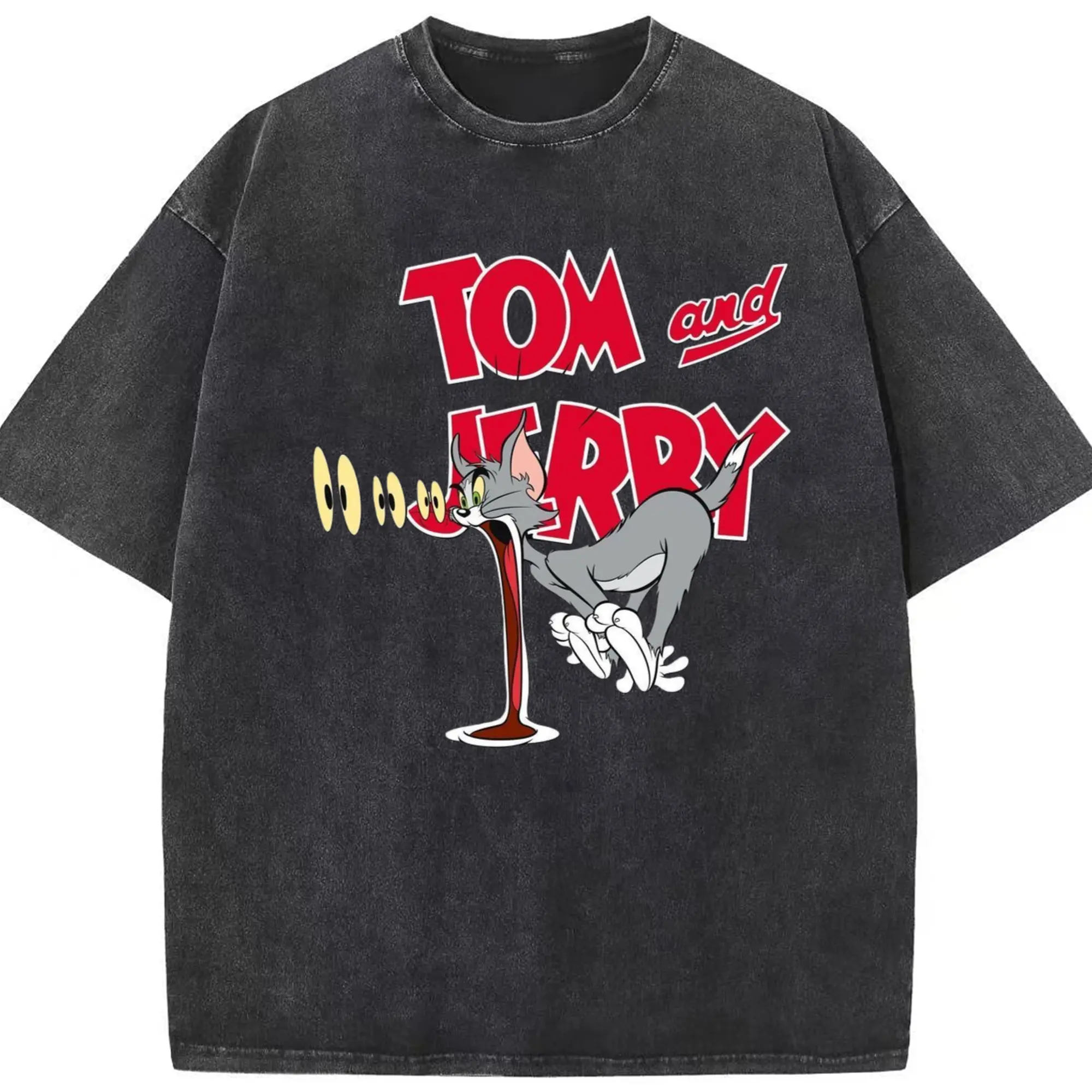 Tom and jerry, tom graphic t shirt - Washed Vintage Look 230g Cotton Oversized T-Shirt With Front Heat Transfer Print – Soft, Lightweight, Stylish Fit – Comfortable Casual Wear For Sports & Everyday Use