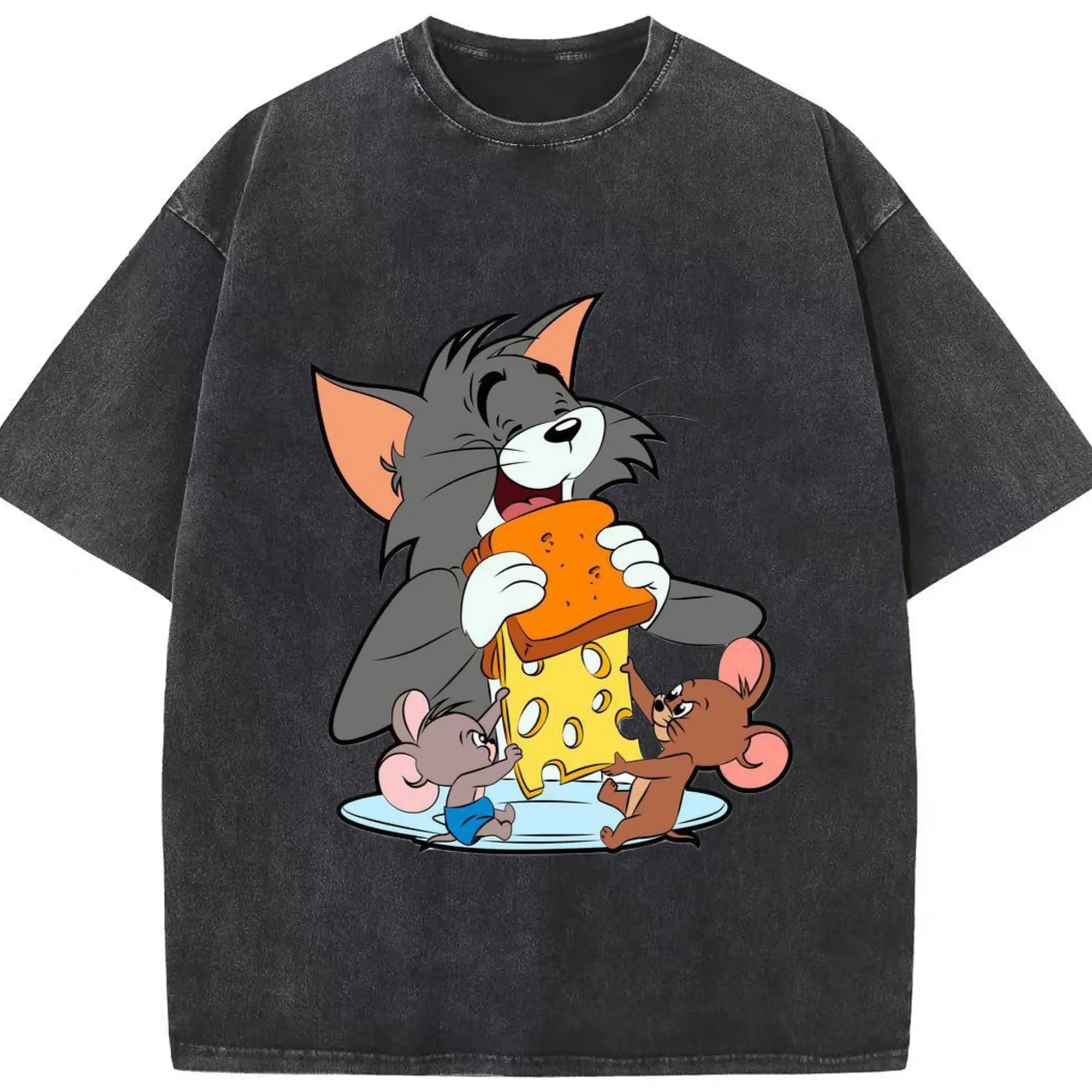 Tom and jerry collage t shirt - Washed Vintage Look 230g Cotton Oversized T-Shirt With Front Heat Transfer Print – Soft, Lightweight, Stylish Fit – Comfortable Casual Wear For Sports & Everyday Use