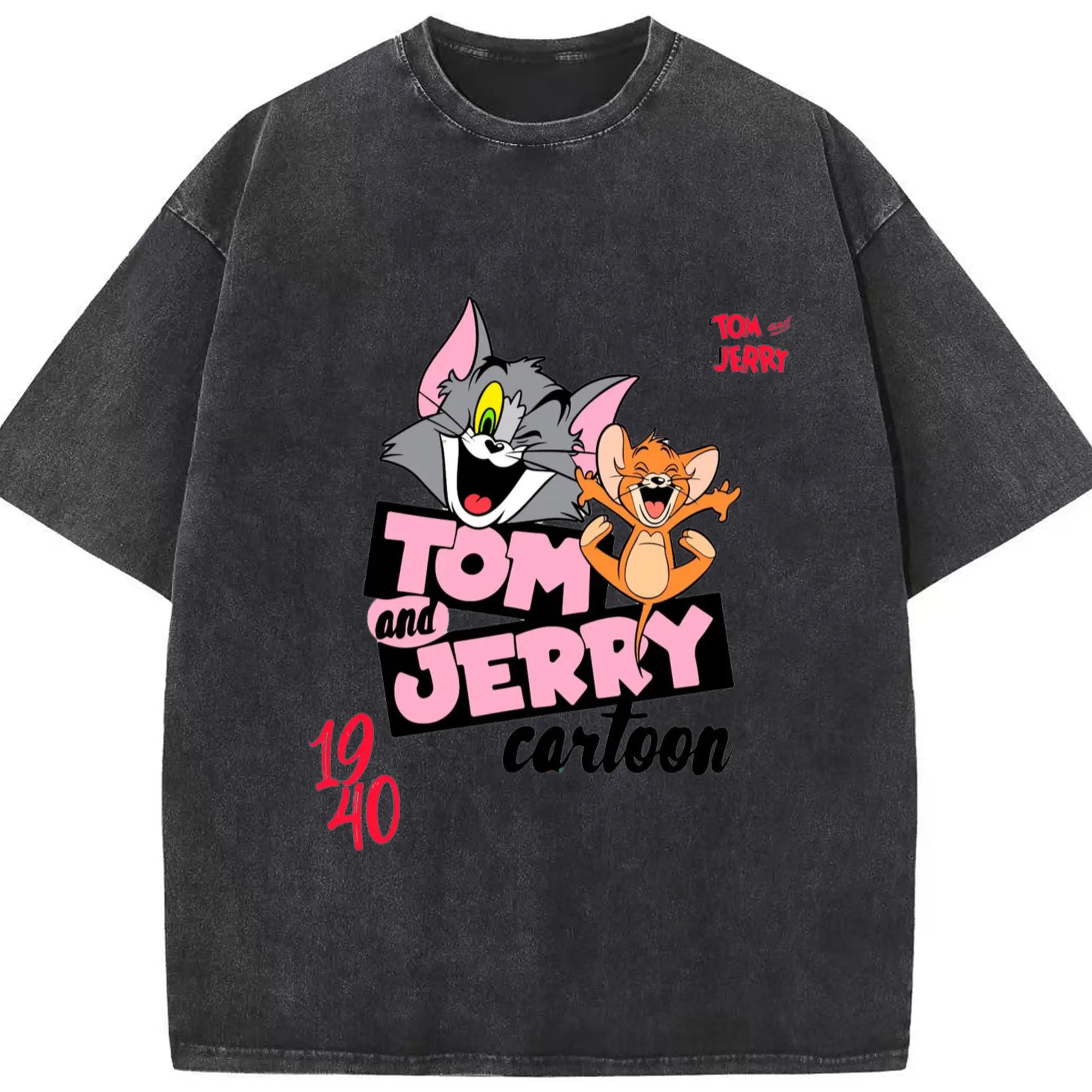 Tom and jerry couple t shirt - Washed Vintage Look 230g Cotton Oversized T-Shirt With Front Heat Transfer Print – Soft, Lightweight, Stylish Fit – Comfortable Casual Wear For Sports & Everyday Use